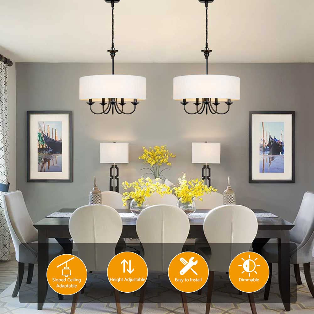 Modern White Drum Chandelier with Linen Shade - 5-Light Traditional Ceiling Fixture, 20