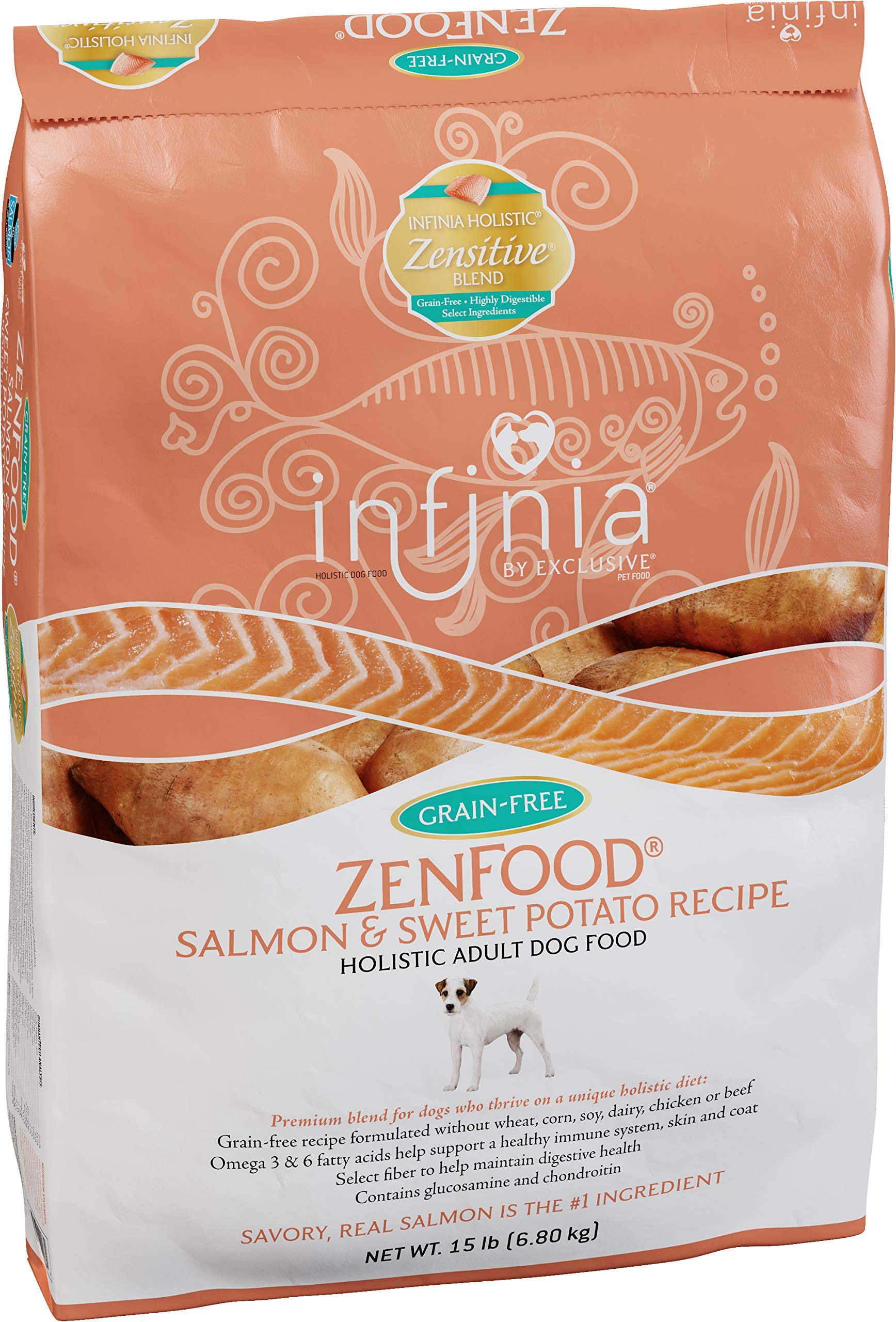 Infinia ZenFood Grain-Free Dog Food for Adult Dogs - Salmon & Sweet Potato Recipe | Complete & Balanced Nutrition | 15 lb Bag | Perfect for Sensitive Stomachs & Active Dogs