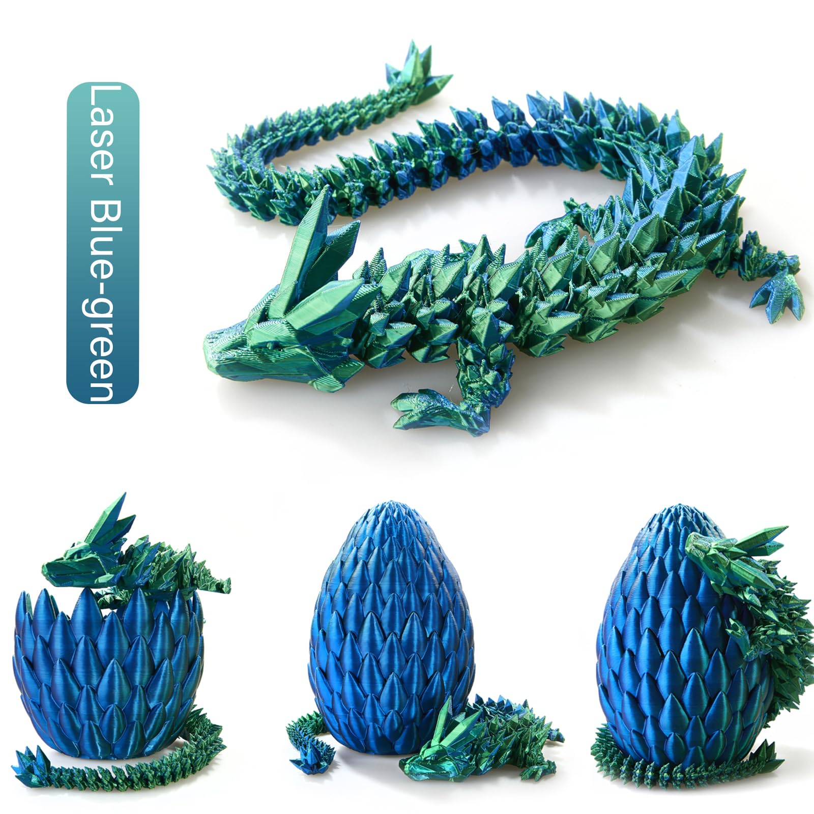 3D Printed Articulated Dragon Toy with Crystal Egg - 15 Inch Fidget Dragon Decor for Home, Office & Car Desk - Unique Gifts for Kids & Classroom Rewards (Blue Green, Large TY-001) - Perfect for Stress Relief, Fantasy Collectibles & D&D Game Accessories