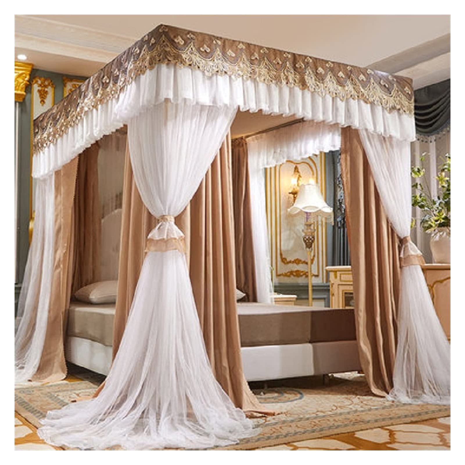 Xinxinchaoshi 4-Door Bed Canopy Curtain - Khaki Mosquito Net for Queen/King Size Beds (6.6ft/2m) | No Bracket Needed, Elegant Room Decor for Bedroom, Nursery, or Outdoor Camping