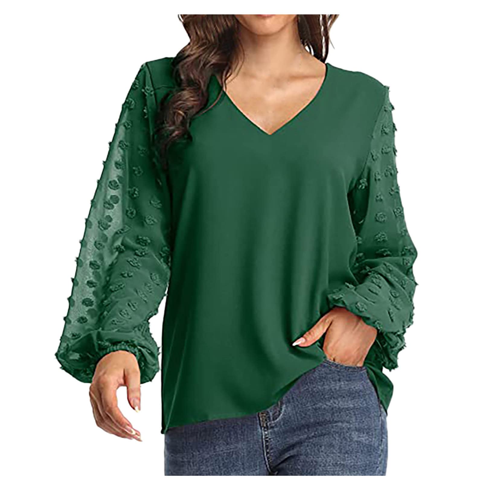 Elegant Women's Chiffon Blouse - Casual V-Neck Lantern Sleeve Swiss Dot Top for Work & Date Night | Solid Color Pom Pom Long Sleeve Shirt for Office, Party & Spring Outfits