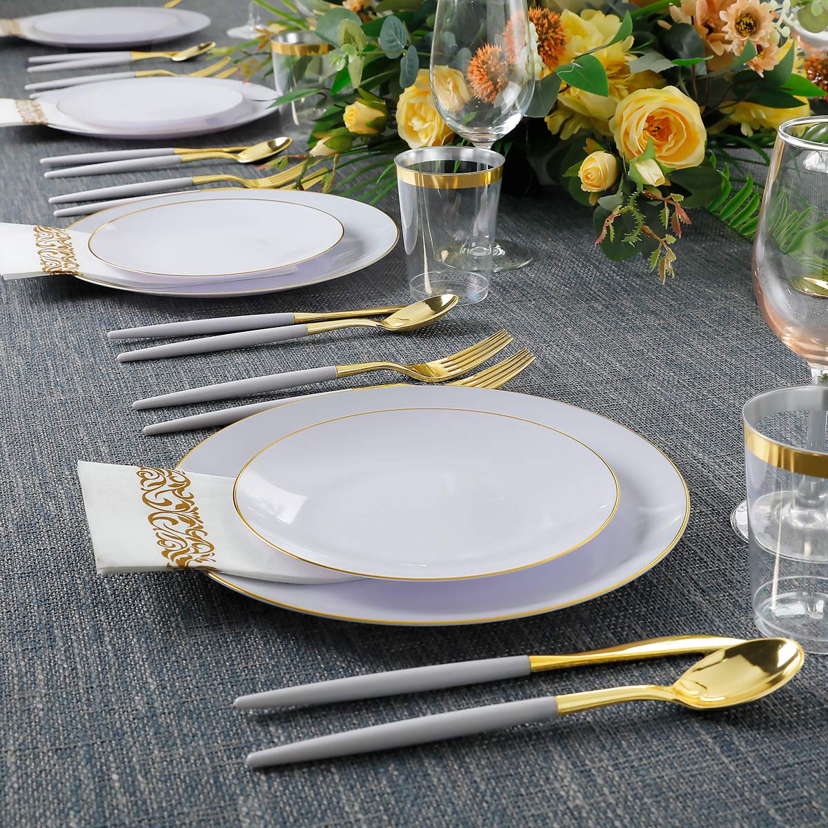 Premium 350-Piece Gold Plastic Dinnerware Set - Elegant Disposable Gold Silverware with White Handles, White Plates, Clear Cups & Gold Rim Napkins for Christmas, Weddings, Parties & Special Events