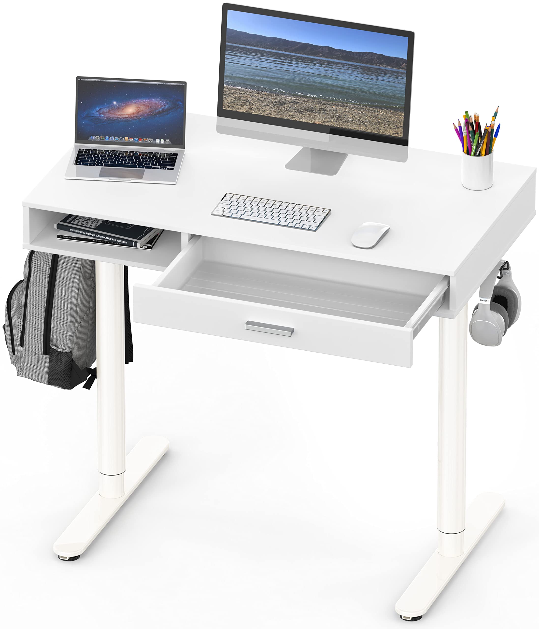 SHW Claire 40-Inch Electric Height Adjustable Standing Desk with Drawer - White | Home Office & Gaming Workstation for Ergonomic Comfort