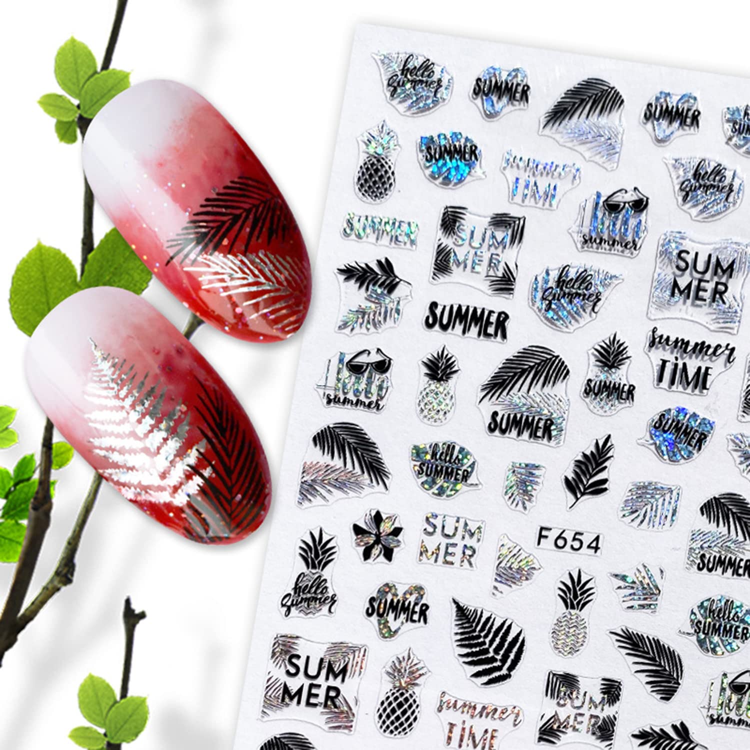 Holographic 3D Nail Art Stickers - Silver Summer Seaside Beach Nail Decals with Coconut Tree Leaf Design, Self-Adhesive Nail Decorations for Women | Perfect for Vacation Manicures, Beach Parties & Summer Nail Art