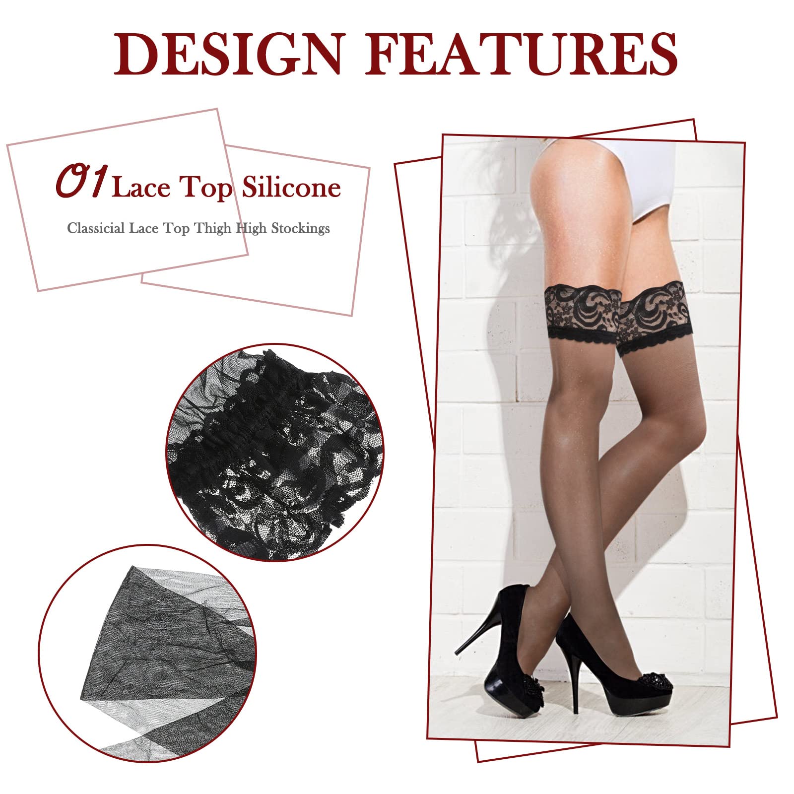 3 Pairs Women's Lace Thigh High Stockings - Semi-Sheer Hold-Up Anti-Slip Silk Tights for Women & Girls - Valentine's Day Gift, Date Night, Party Wear & Special Occasions