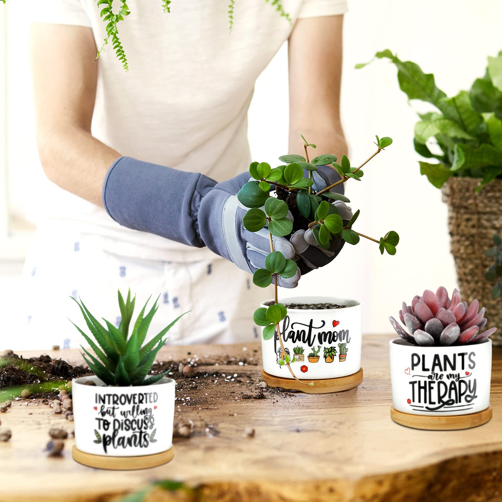 6-Piece Funny Succulent Plant Pots with Bamboo Tray - Cute Ceramic Planters for Succulents, Perfect Teacher Gifts for Graduation, Birthday & Office Decor (Cute Style) | Ideal for Home, Office Desk & Classroom Decorations