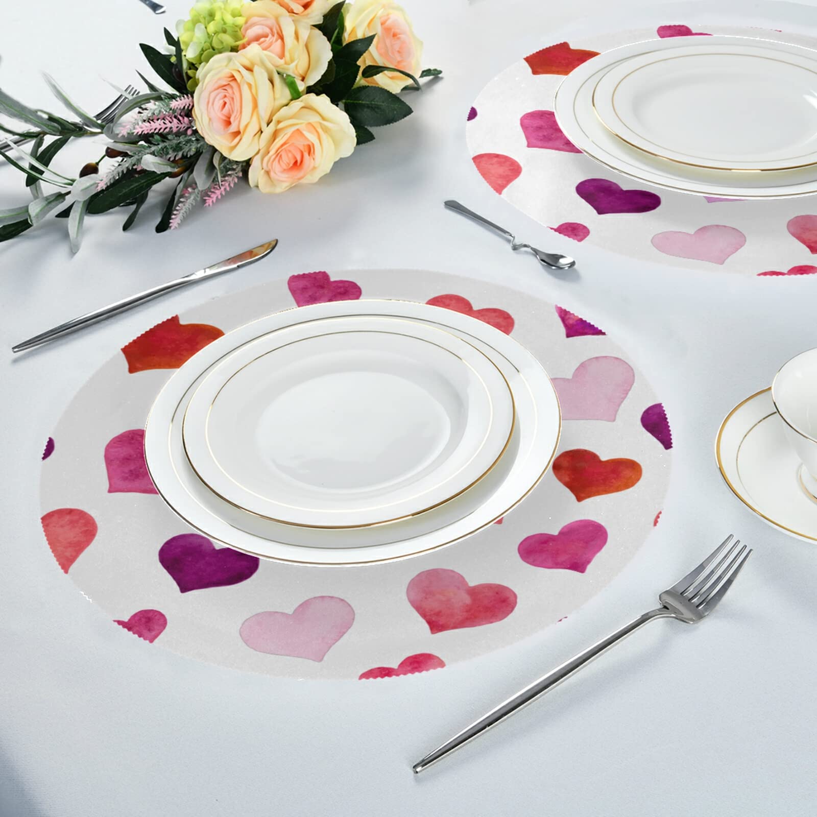 Valentine's Day Round Heart Placemats Set of 6 - Washable Kitchen Table Mats for Romantic Dining, Dinner Parties & Holiday Decor