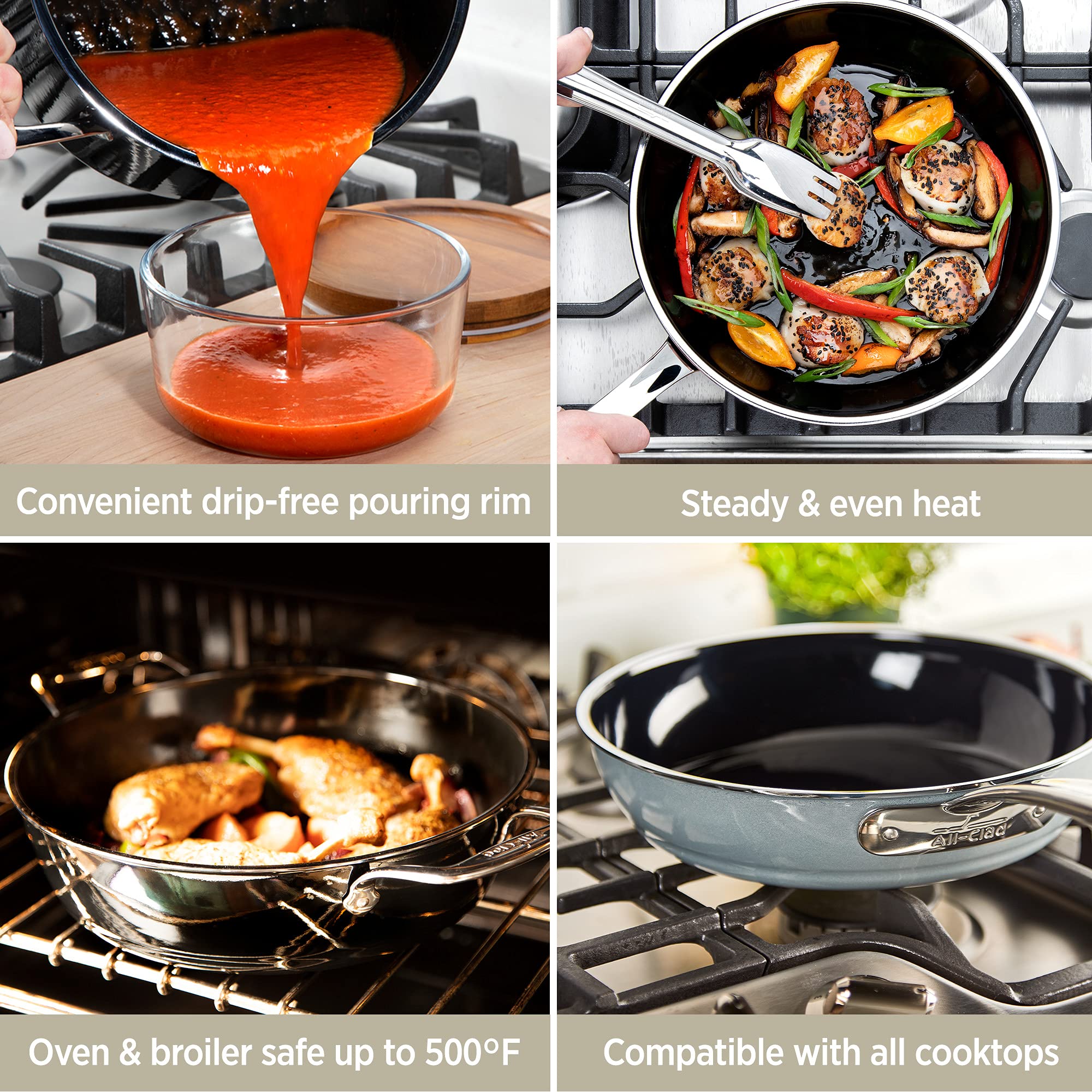 All-Clad FusionTec Ceramic Nonstick Fry Pan 9.5 Inch - Induction Compatible, Oven & Broiler Safe up to 500°F - Premium Cookware Set for Healthy Cooking - Perfect for Searing, Frying & Sauteing in Modern Kitchens