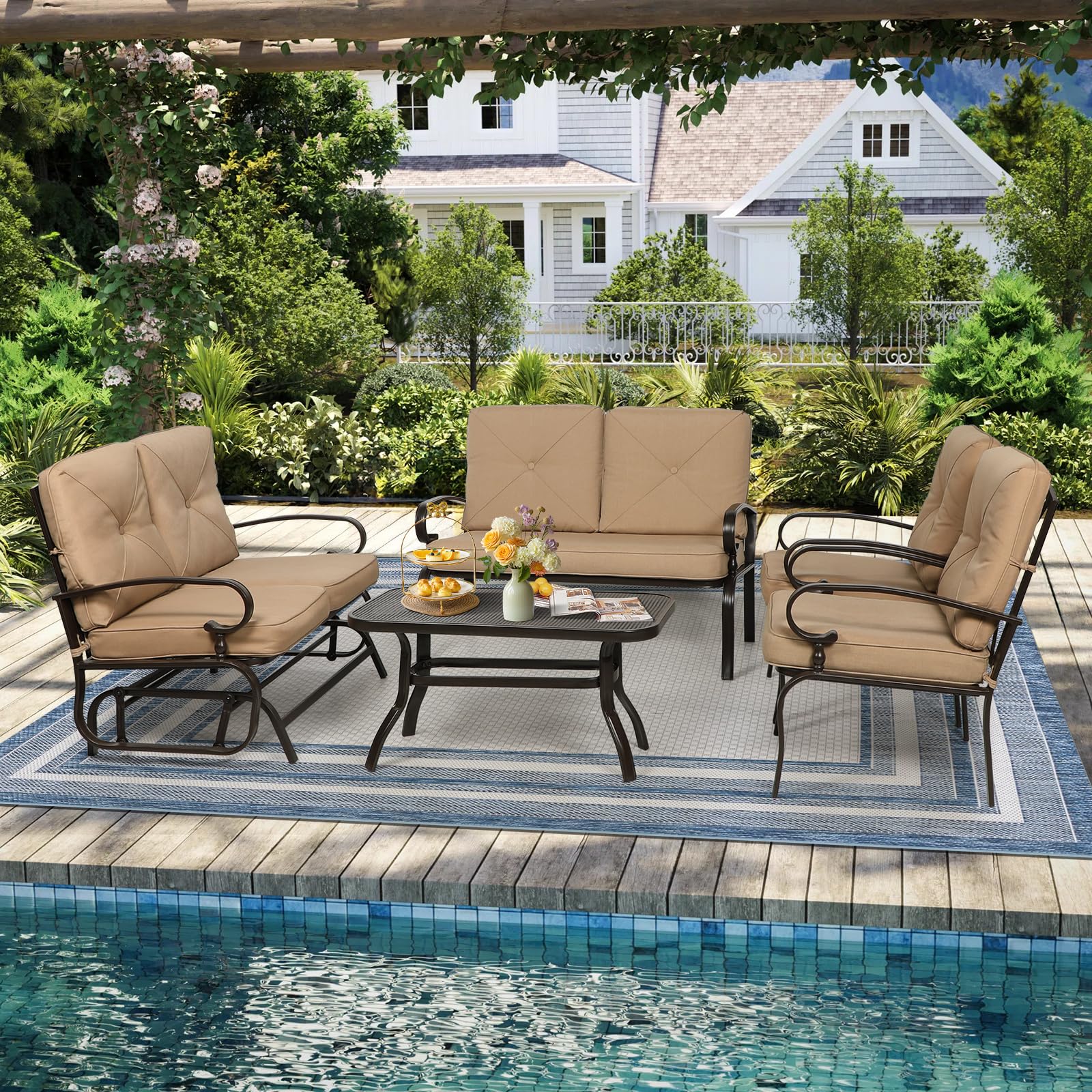 **Oakcloud 5-Piece Outdoor Metal Patio Furniture Set - Wrought Iron Glider, 2 Chairs, Loveseat & Coffee Table in Brown - Perfect for Garden, Backyard, and Poolside Relaxation**