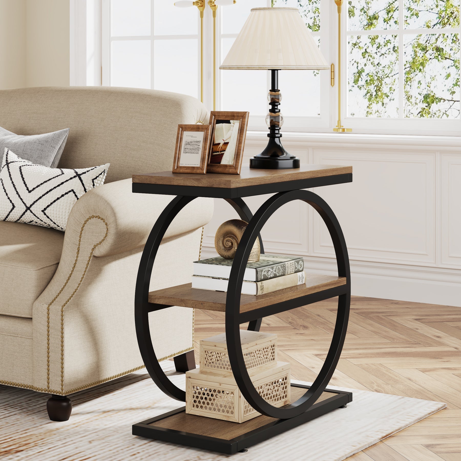 3-Tier Industrial End Table with Round Metal Frame - Stylish Sofa Side Table for Living Room, Bedroom, or Office - Perfect for Holding Books, Lamps, and Decor