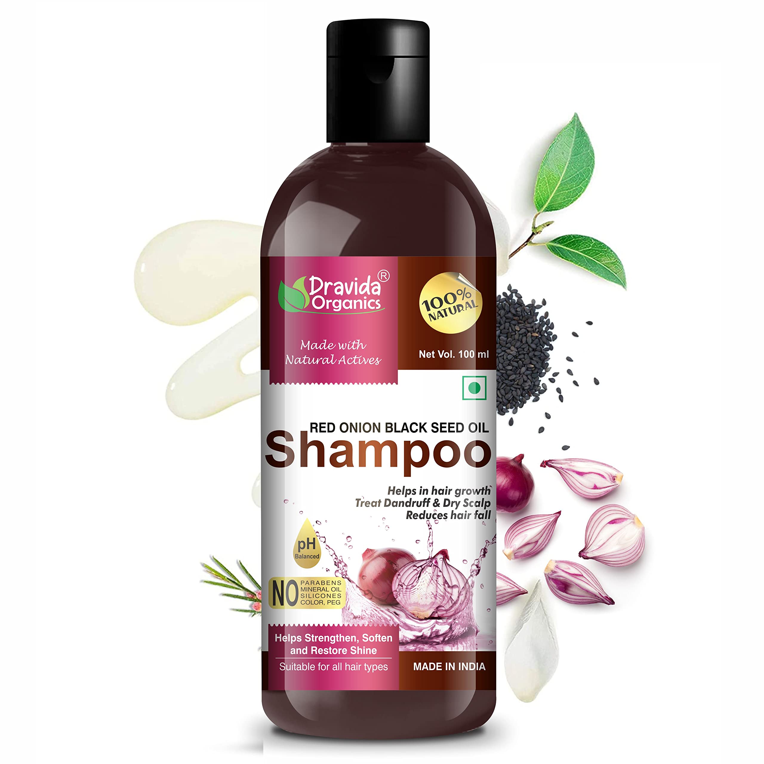 Dravida Organics Red Onion Shampoo for Hair Growth - Anti Dandruff Treatment & Reduces Hair Fall (100ml) | Promotes Thicker, Healthier Hair for Men & Women - Ideal for Daily Use & Scalp Care