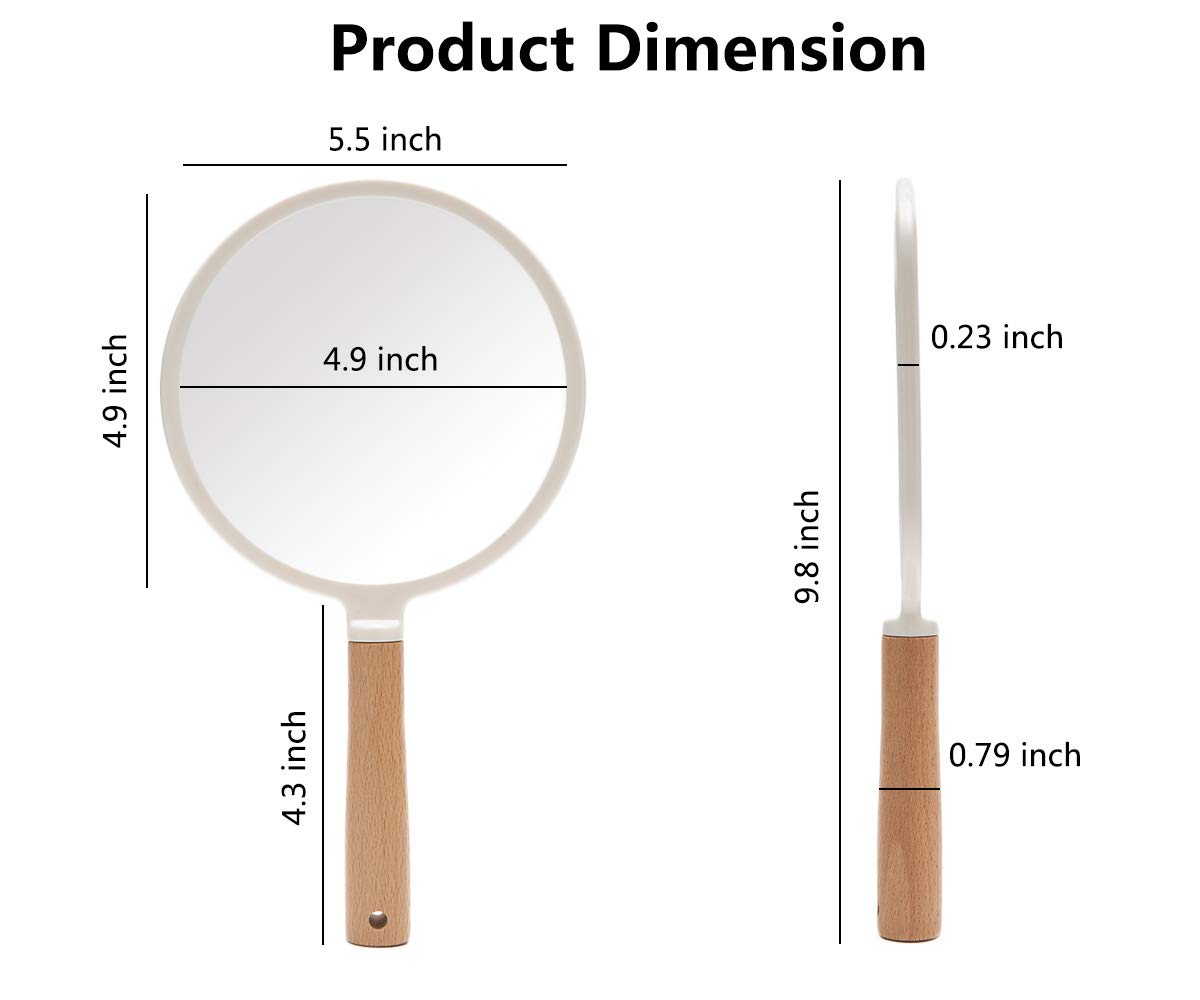 YEAKE Handheld Vanity Mirror with Wooden Handle - Small Round Portable Makeup Mirror for Men & Women, Perfect for Travel, Shaving, and Grooming (Hanging Hole Included)