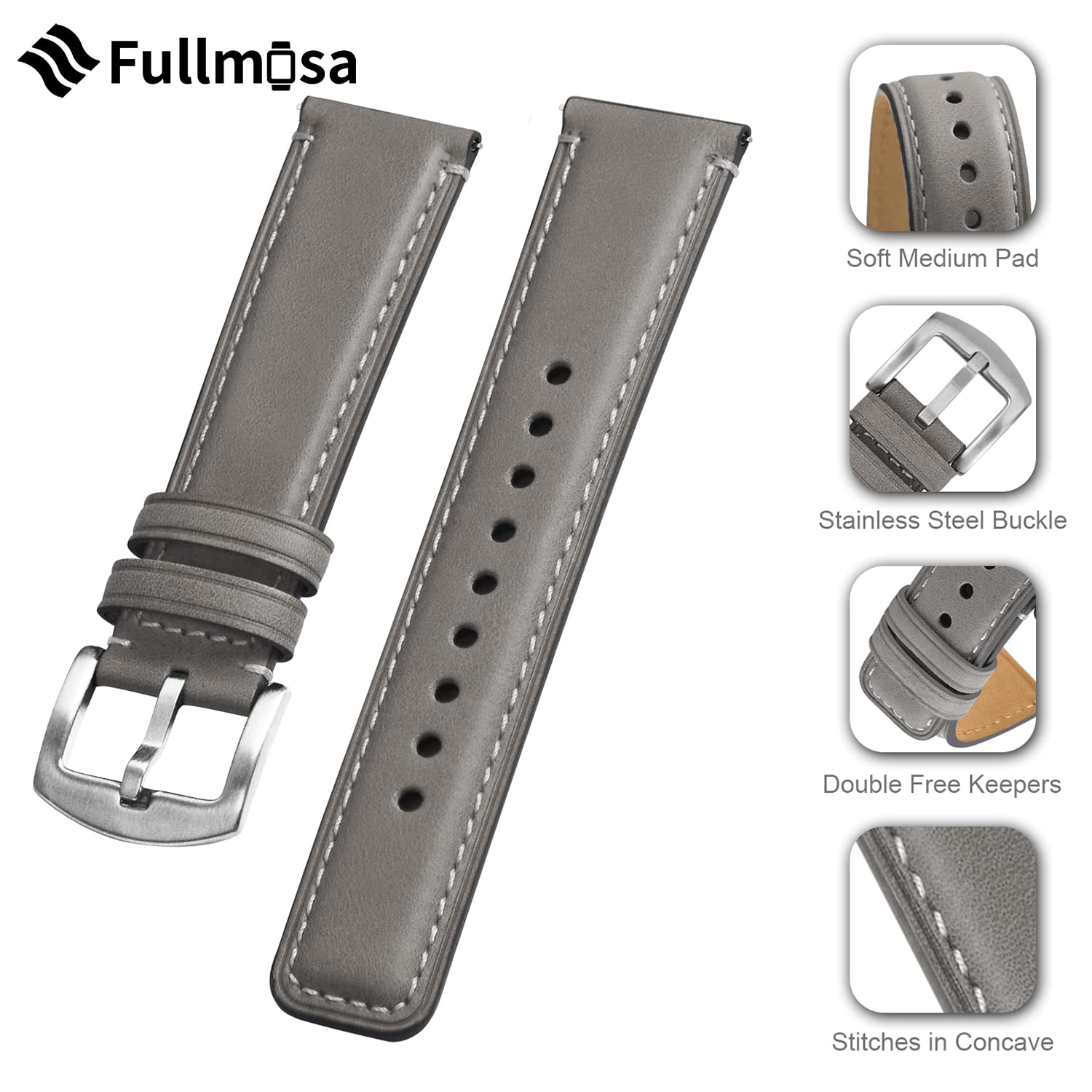 Fullmosa Quick Release Leather Watch Band 22mm 20mm 18mm - Burnished Strap Compatible with Samsung Galaxy Watch/Garmin Watch - Perfect for Business, Casual & Everyday Wear