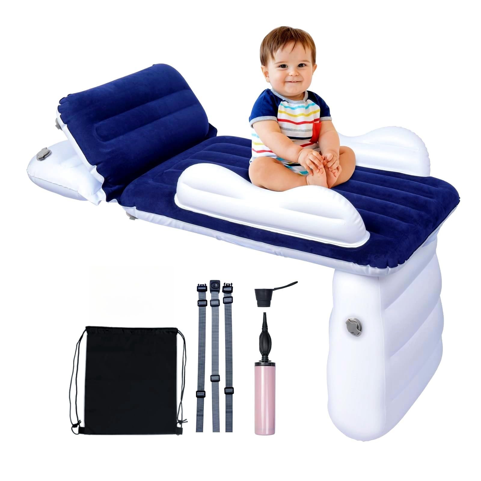Inflatable Airplane Bed for Toddlers - Blue Kids Travel Bed with Safety Belt, Manual Pump & Carry Bag | Portable Toddler Air Mattress Fits Most Airplane Seats | Perfect for Long Flights, Road Trips & Sleepovers