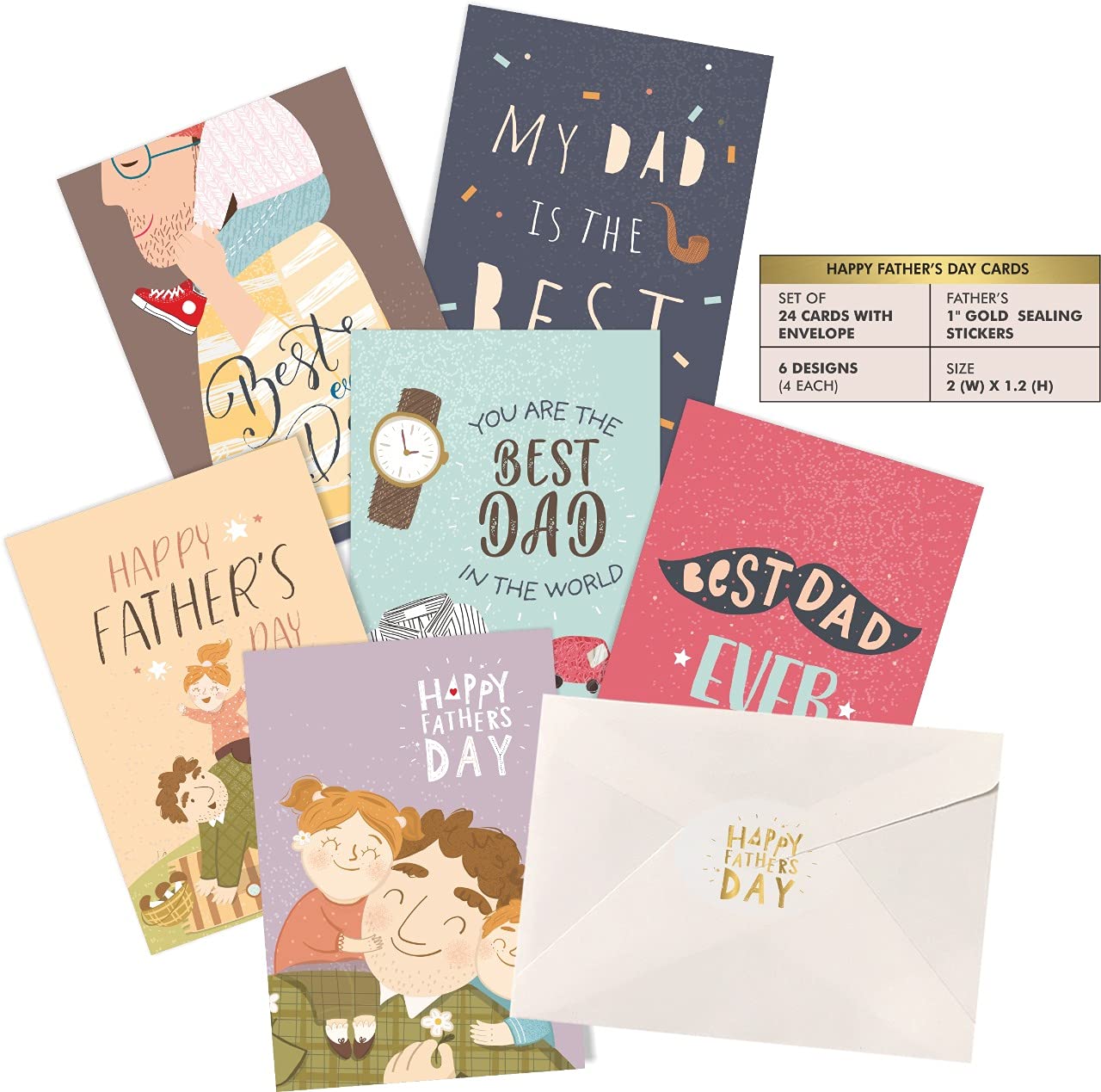 24-Pack Father's Day Greeting Cards with Envelopes & Seal Stickers - 6 Assorted Designs (4 Each) | 5.5