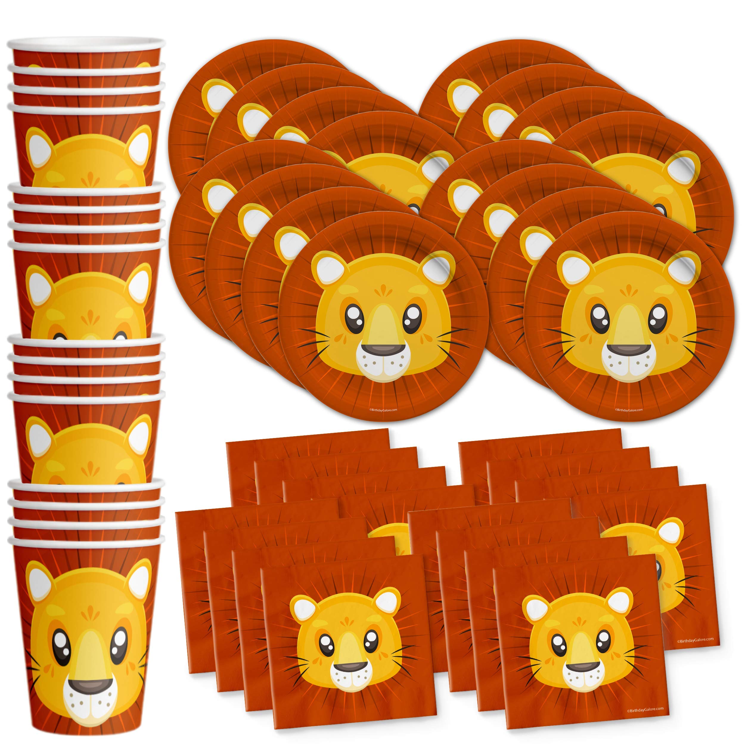 Lion Birthday Party Supplies Set - King of The Jungle Theme - Jungle Animal Party Decorations - Zoo & Safari Lion Tableware Kit for 16 Guests - Includes Plates, Napkins, Cups - Perfect for Kids Birthday, Baby Shower, Wild One Party