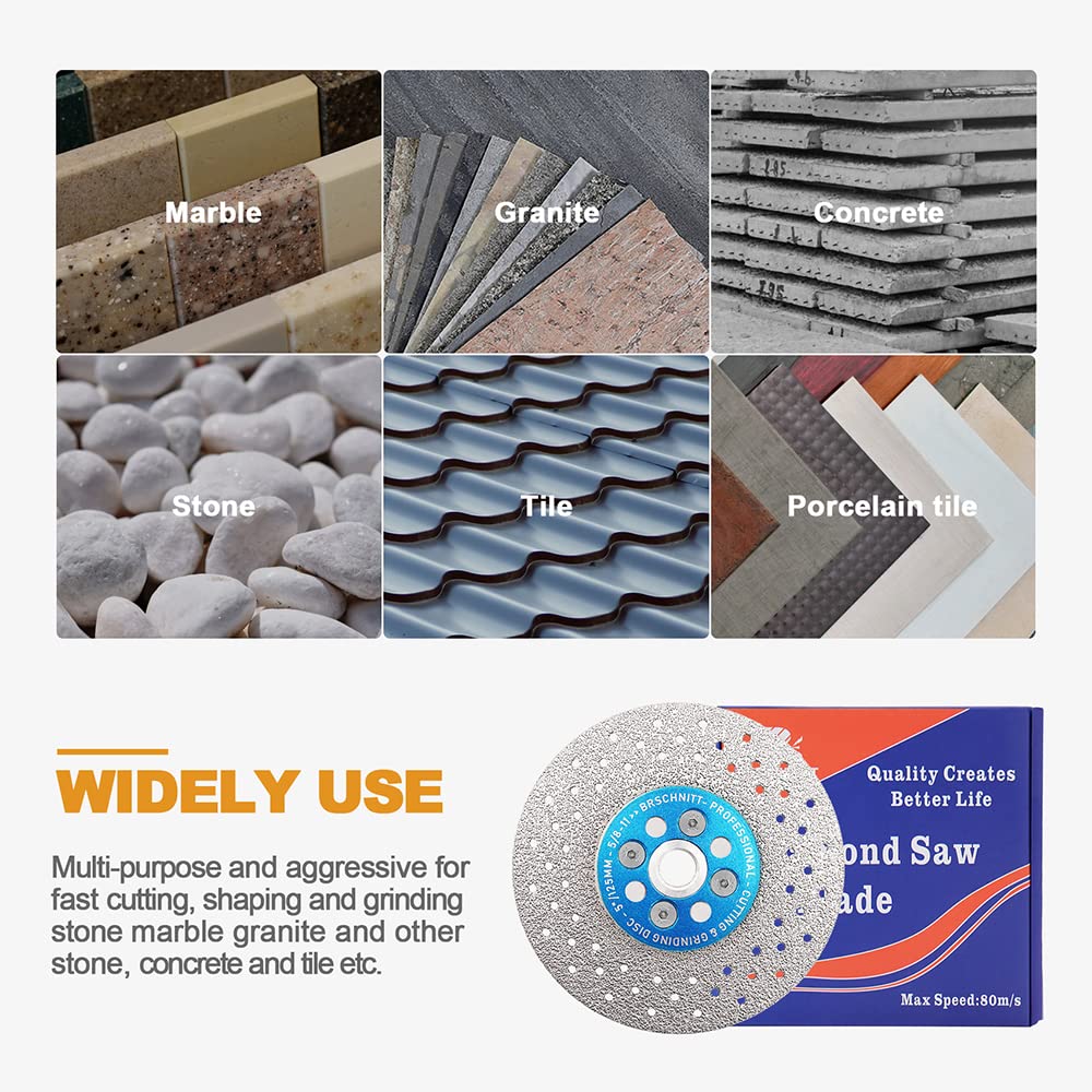 5 Inch 125mm Diamond Granite Cutting Wheel - 2 Pack Vacuum Brazed Angle Grinder Blade with 5/8-11 Thread for Granite, Porcelain, Tile, Stone, Marble & Quartz - Perfect for Grinding, Beveling, Shaping & Rounding in Construction & DIY Projects