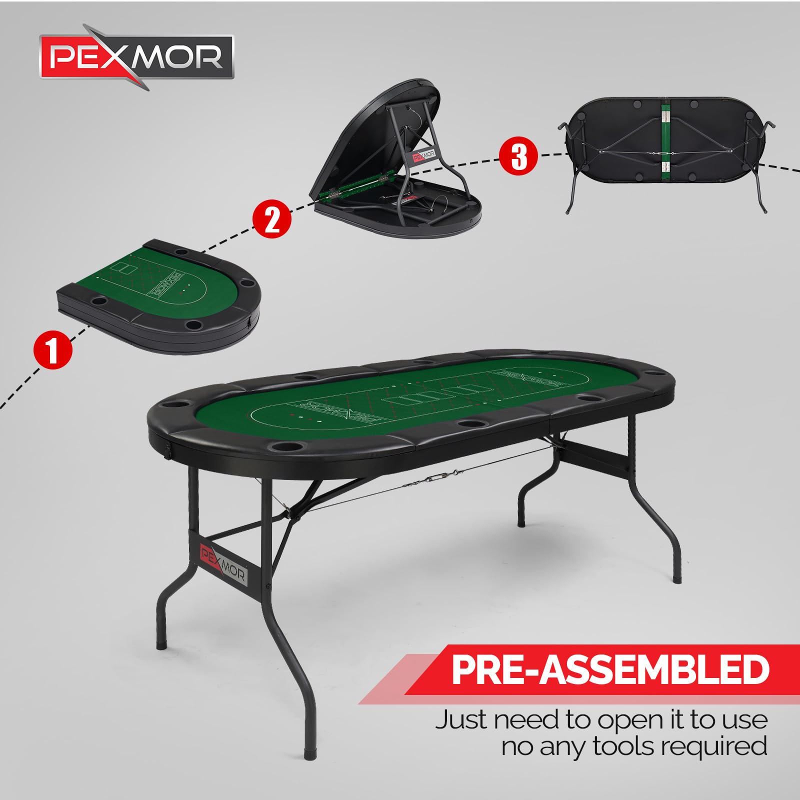PEXMOR 8 Player Foldable Poker Table with Casino-Grade Felt & Stainless Steel Cup Holders - Texas Holdem Blackjack Game Table for Home & Casino Nights - Water-Resistant Cushioned Rail & Easy Assembly - Perfect for Poker Parties, Game Nights & Casino-Themed Events