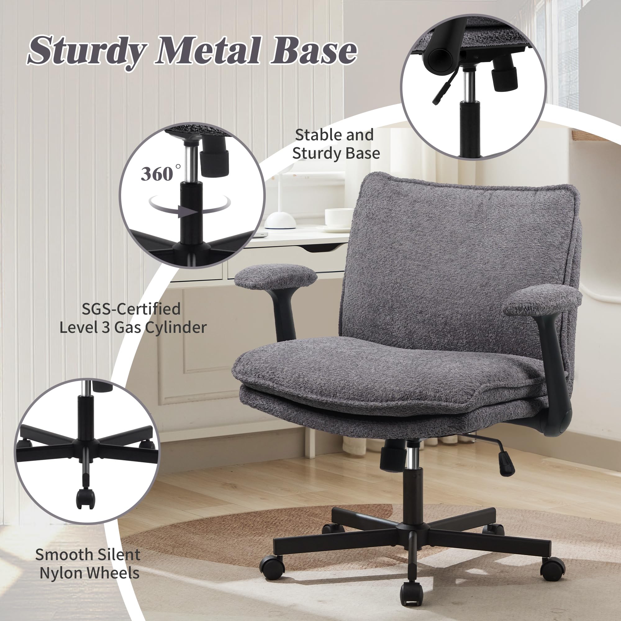 Ergonomic Cross Legged Office Chair with Wheels - Upholstered Criss Cross Desk Chair with Flip-Up Armrests & Wide Seat - Comfortable Grey Home Office Chair for Working, Studying, Gaming & Small Spaces