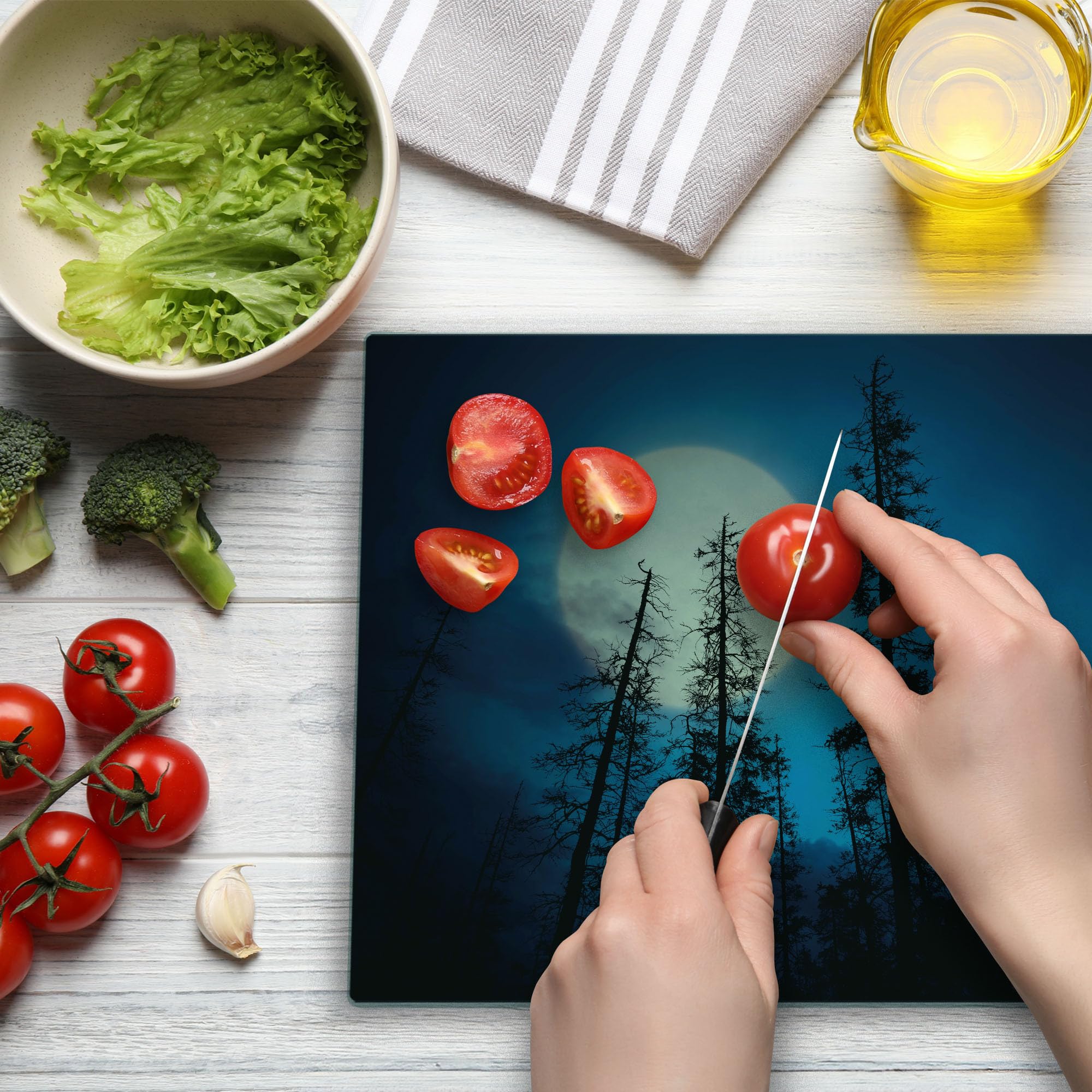 Ambesonne Dark Blue Tempered Glass Cutting Board - Spooky Mysterious Forest with Tall Trees & Full Moon Design - Large Decorative Serving Board for Kitchen & Dining - Perfect for Halloween Parties, Gifts & Home Decor