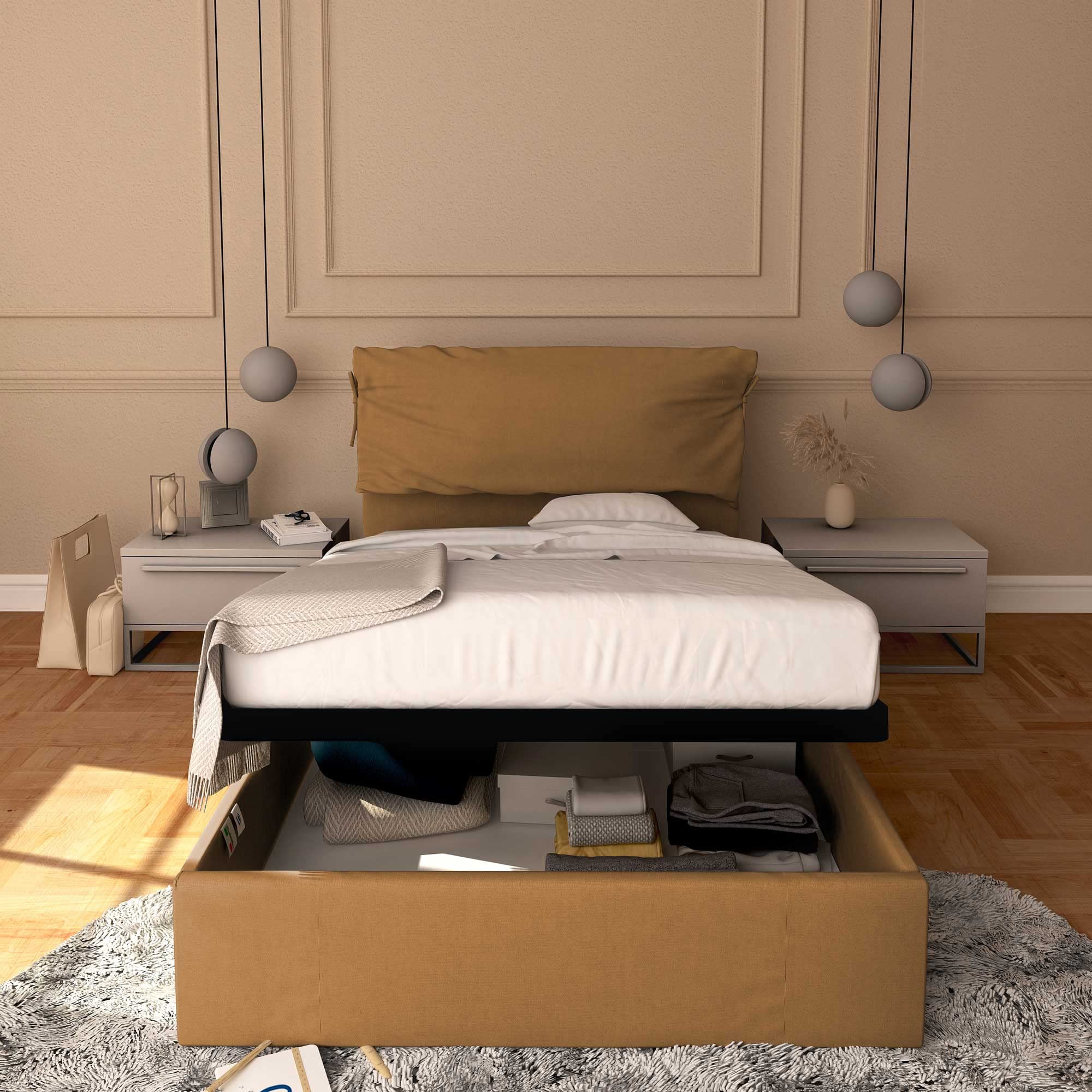 Baldiflex Licia Soft Full & Twin Size Bed Frame with Storage, Synthetic Leather Upholstery, Slatted Base - Fits 120x190cm Mattress, Light Brown, Padded Headboard | Perfect for Small Bedrooms, Guest Rooms & Apartments