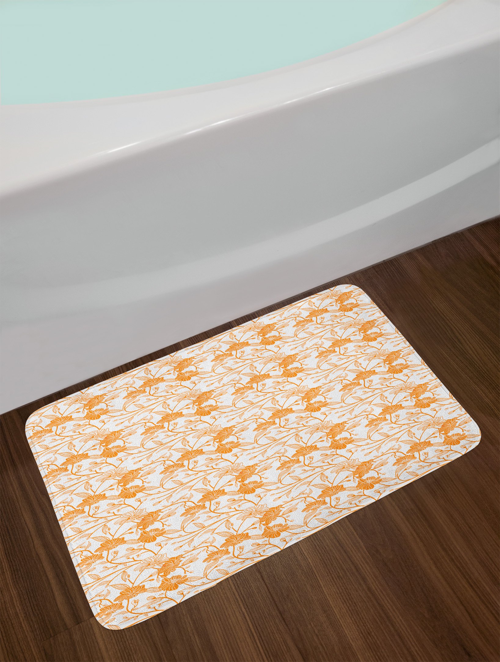 Ambesonne Orange and White Bath Mat - Abstract Floral Design with Non-Slip Backing, Soft Plush Bathroom Rug 30x20 Inches - Perfect for Modern Bathrooms, Guest Baths & Spa-Like Retreats