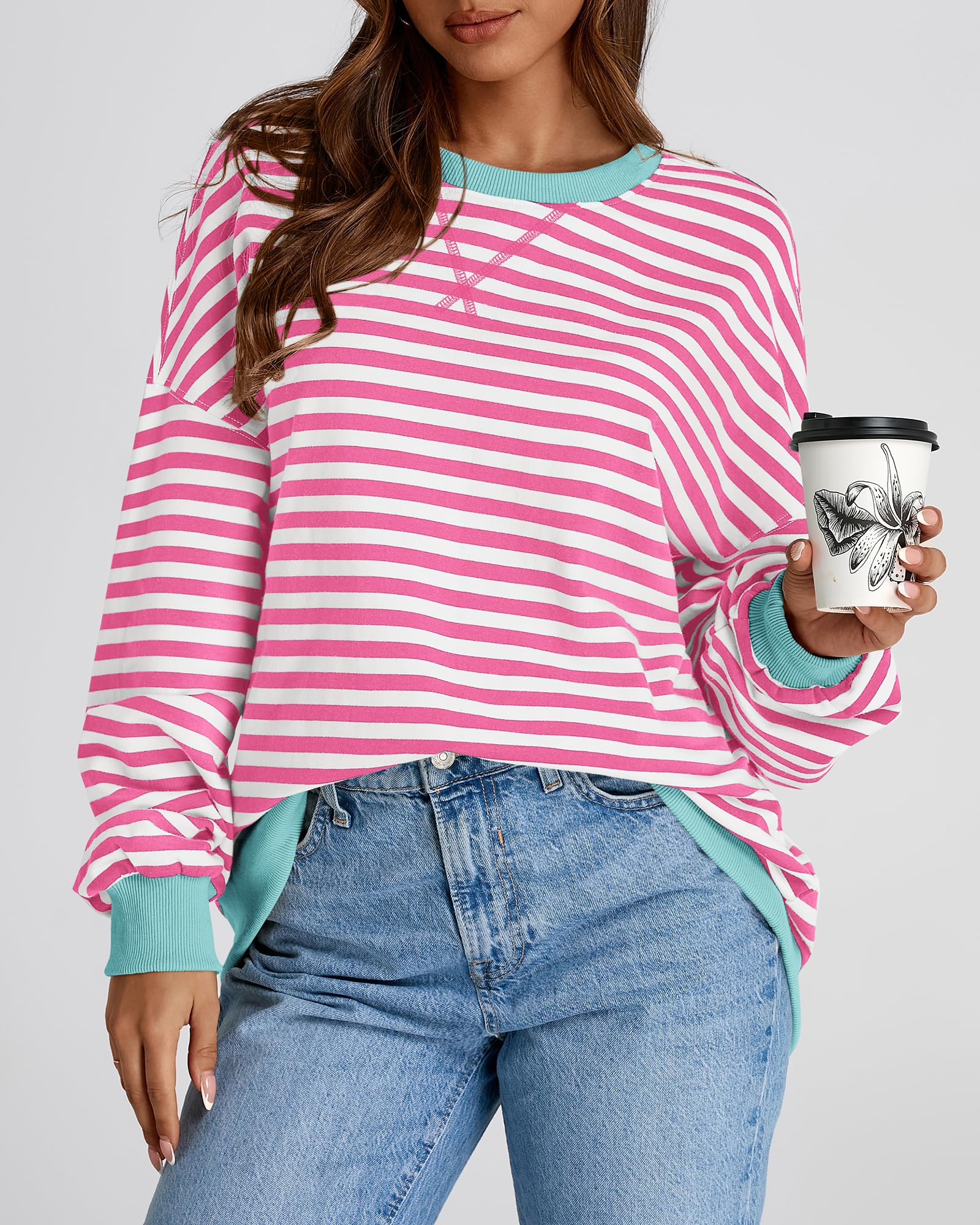 BTFBM Women's Striped Pullover Sweatshirt - Soft Long Sleeve Crewneck Y2K Style Loose Fit Fall Fashion 2025 | Casual Outfits, Streetwear, Layering for Cool Weather