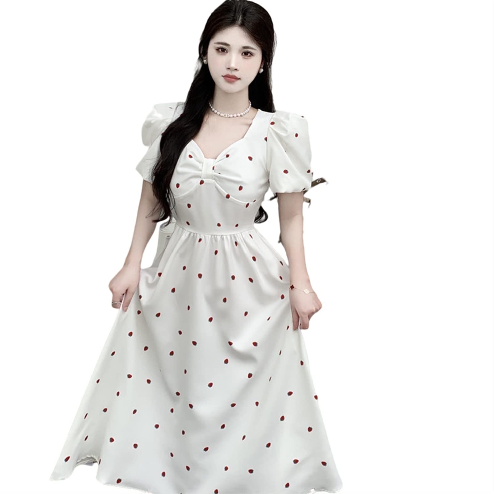 French White Strawberry Print Summer Dress for Women - Bubble Sleeve Princess Style Plus Size Flowy Dress (Medium, White) | Perfect for Beach Vacations, Garden Parties & Romantic Dates