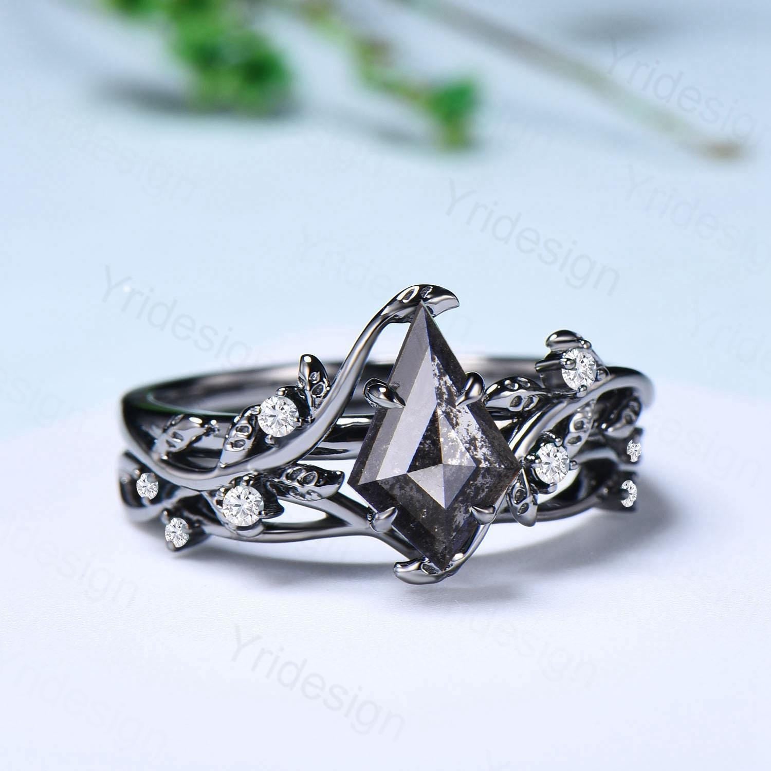 Vintage Kite Cut Salt and Pepper Diamond Engagement Ring - Nature Inspired Leaf Vine Bridal Set for Women | Unique Wedding Jewelry for Brides, Anniversary Gifts, and Romantic Proposals