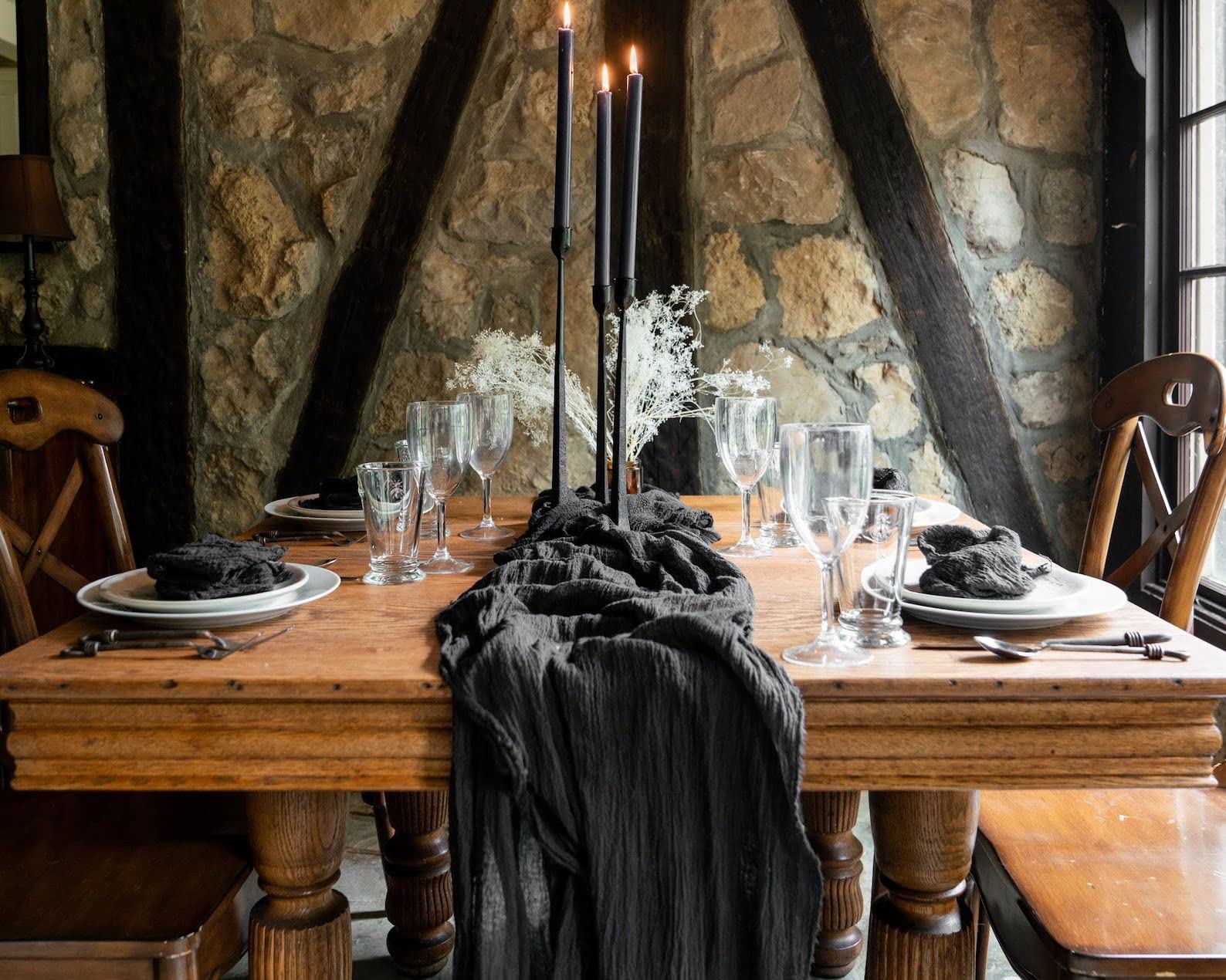 EHLDekol Black Cheesecloth Gauze Table Runner - 13ft Wedding Arch Draping Fabric, Bridal Shower Decor, Boho Party Centerpiece for Rustic Weddings & Events