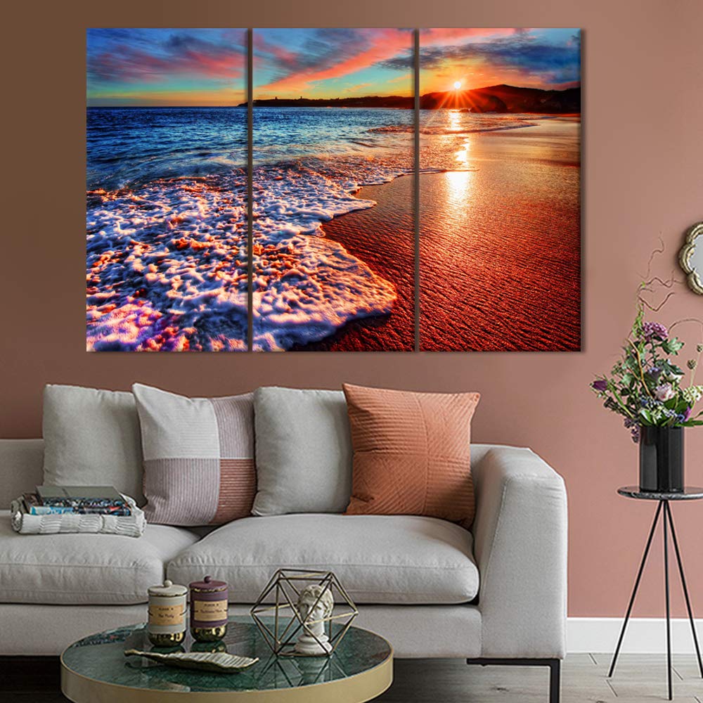 3-Piece Beach Sunset Canvas Wall Art - Ocean Coastline Landscape Painting for Living Room Decor, Framed & Ready to Hang (60