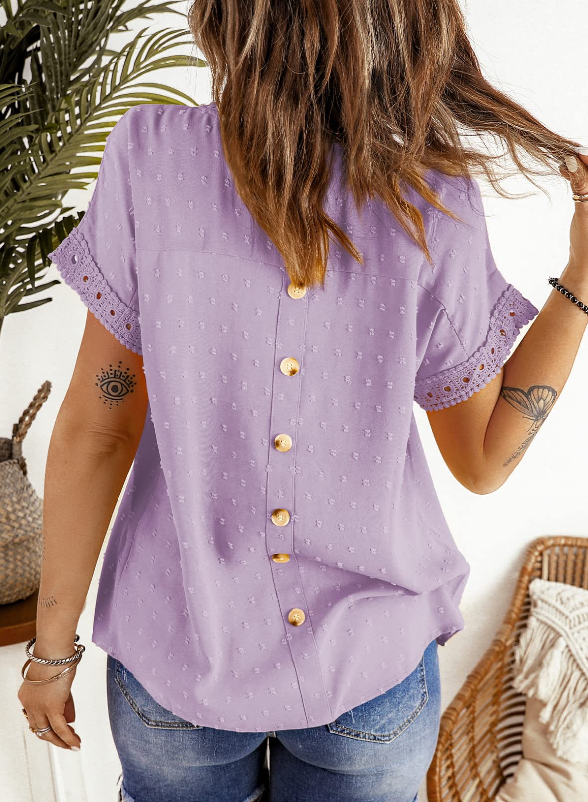 Dokotoo Women's Summer Tops - Lace Crochet Short Sleeve Crewneck Shirt, Casual Chiffon Blouse for Beach, Vacation & Everyday Wear