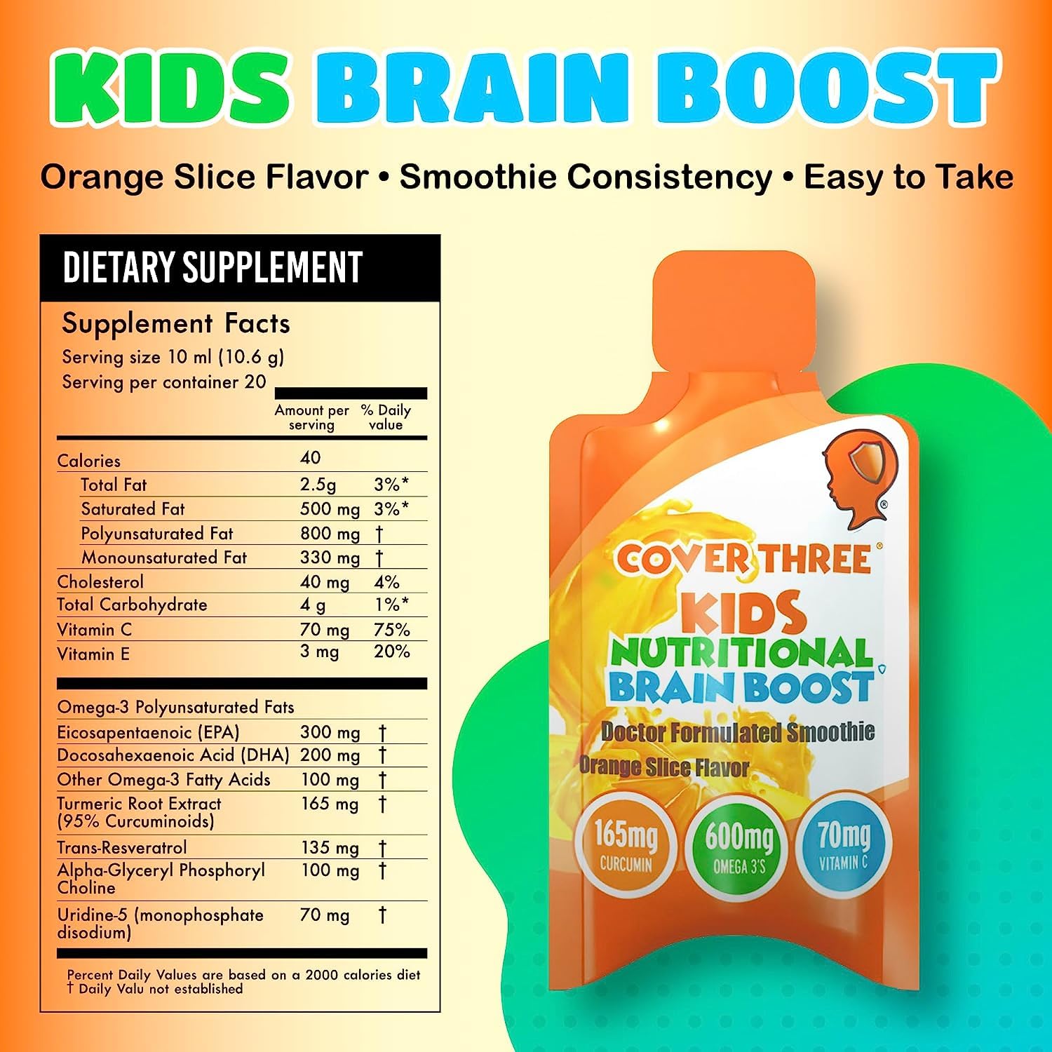 Kids Omega 3 Liquid DHA Fish Oil Supplement - Supports Brain Development, Focus & Attention, Heart & Vision Health - Emotional & Physical Wellness - 20 Orange Flavor Pouches (3 Pack) | Ideal for School, Homework & Active Children