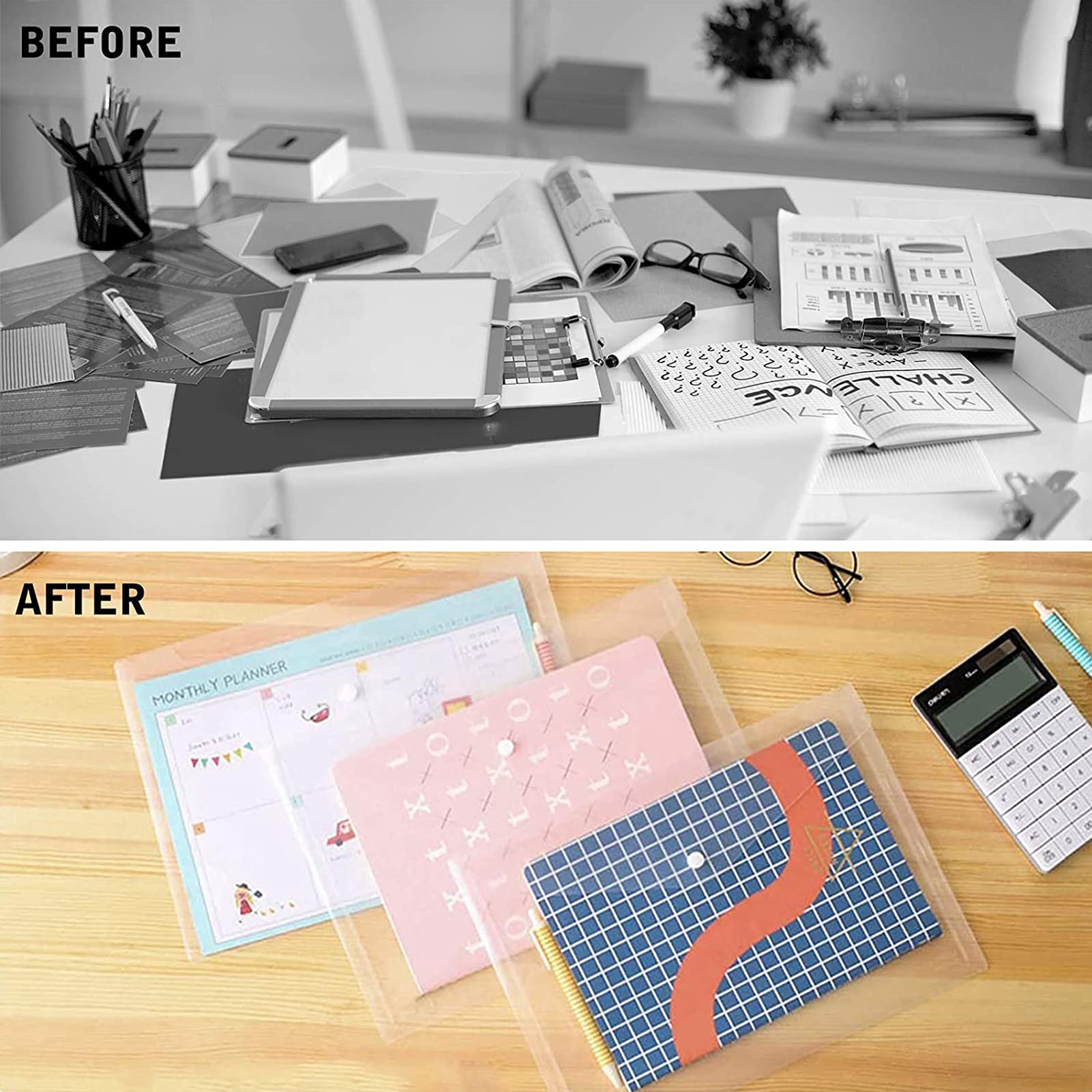 Toplive 12-Pack Plastic File Folders - Clear A4 Letter Size Waterproof Poly Envelopes with Snap Closure for Office & School Supplies | Organize Documents, Receipts, and Important Papers for Home, Office, or Classroom Use