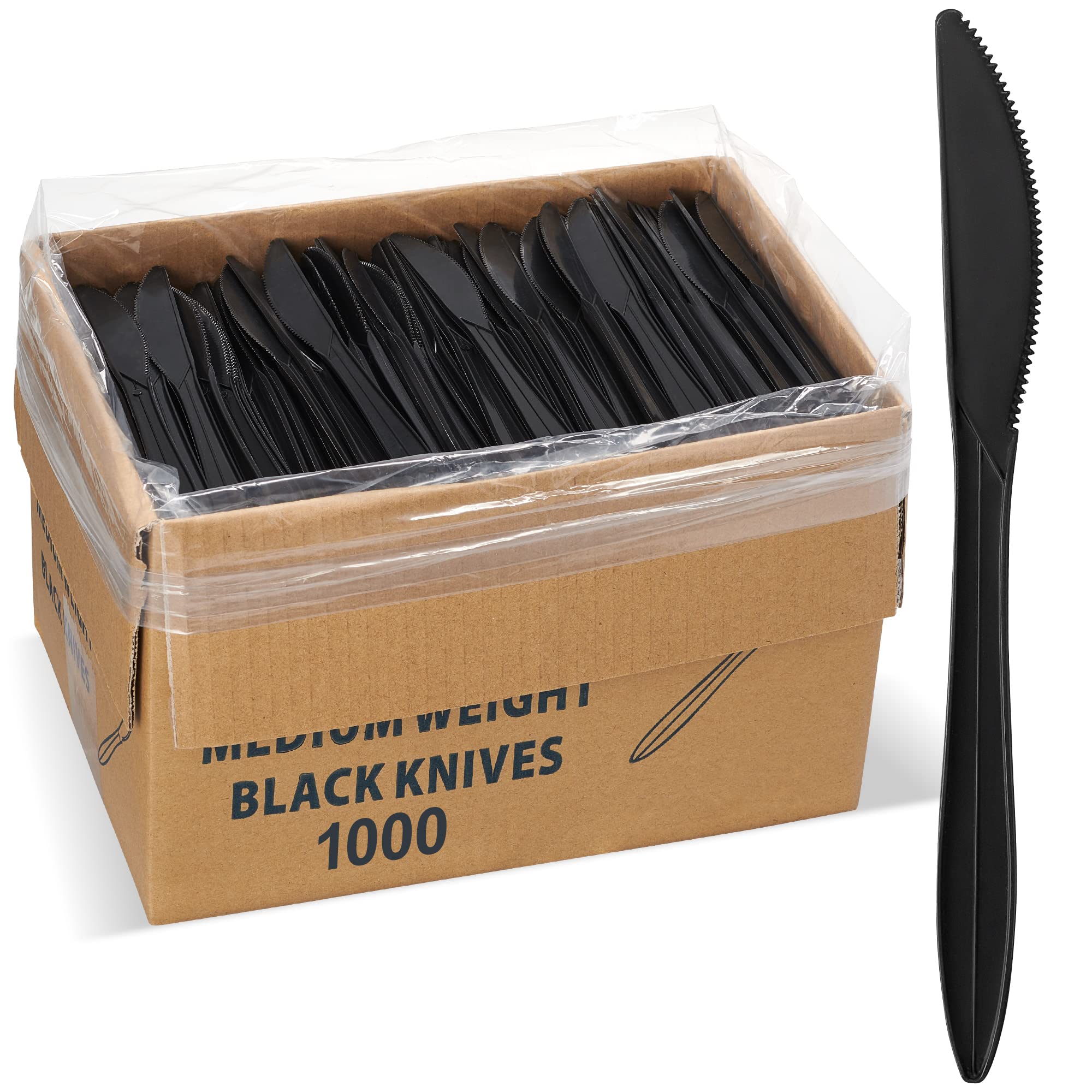 1000 Pack Black Plastic Disposable Knives - Bulk Medium Weight Cutlery for Parties, Picnics & Catering - Durable Disposable Silverware for BBQ, Events & Restaurant Use