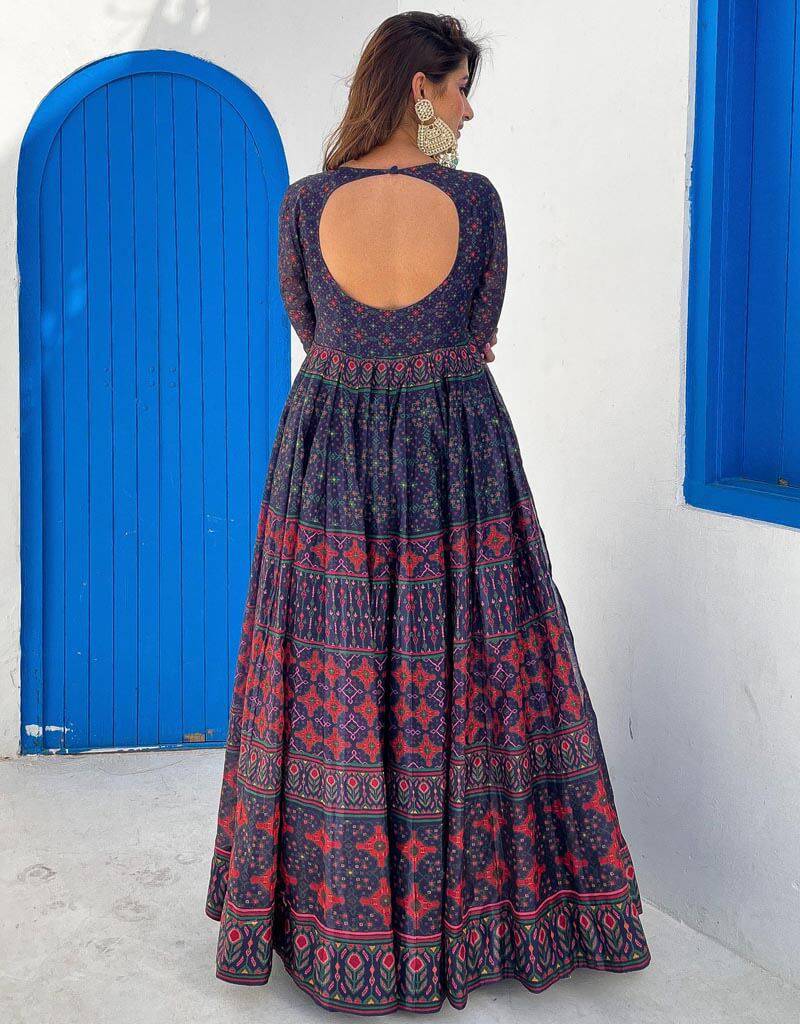Elegant Blue Chanderi Anarkali Gown for Women - Traditional Indian Party Dress for Weddings, Festivals & Special Occasions
