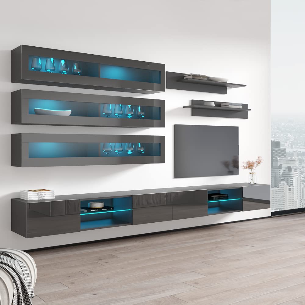 Modern Gray Wall-Mounted TV Stand with Storage Shelves & LED Lights - Floating Entertainment Center Console for Living Room & Bedroom - Perfect for Small Spaces & Home Theater Setup - Meble Furniture Fly J2 33TV Stand