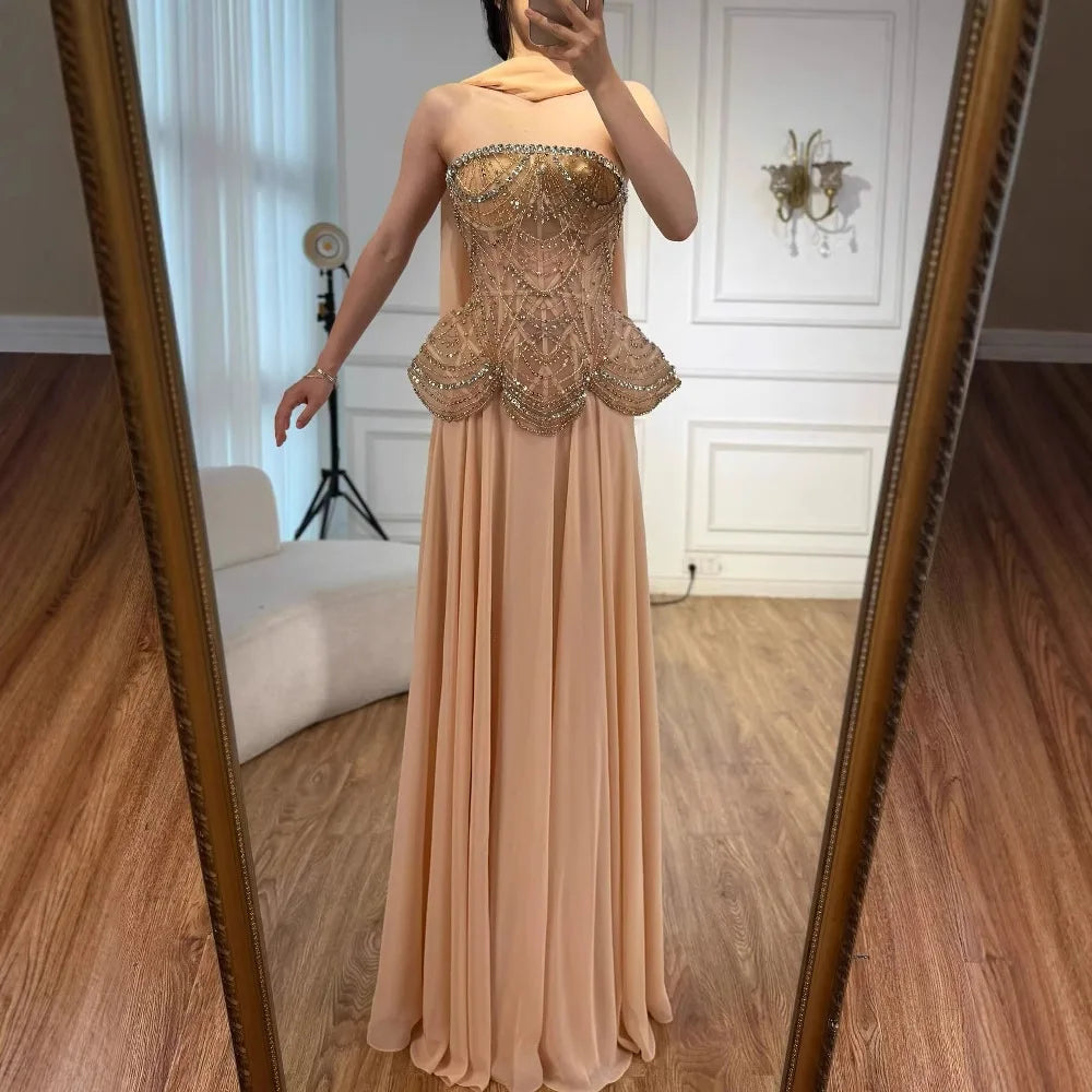 Luxury Designer Nude Beaded Chiffon Evening Gown for Wedding Party Prom Formal Events - Elegant Long Dress for Bridesmaids Special Occasions