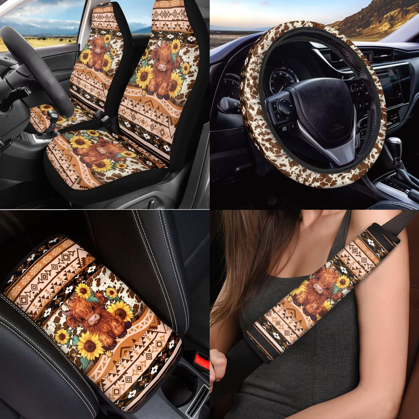 Premium Universal Sedan & SUV Car Seat Covers Set - 6-Piece with Steering Wheel Cover, Seat Belt Pads & Armrest Covers - Aztec, Baby, Highland Cow & Sunflower Patterns - Perfect for Road Trips, Commuting & Family Travel