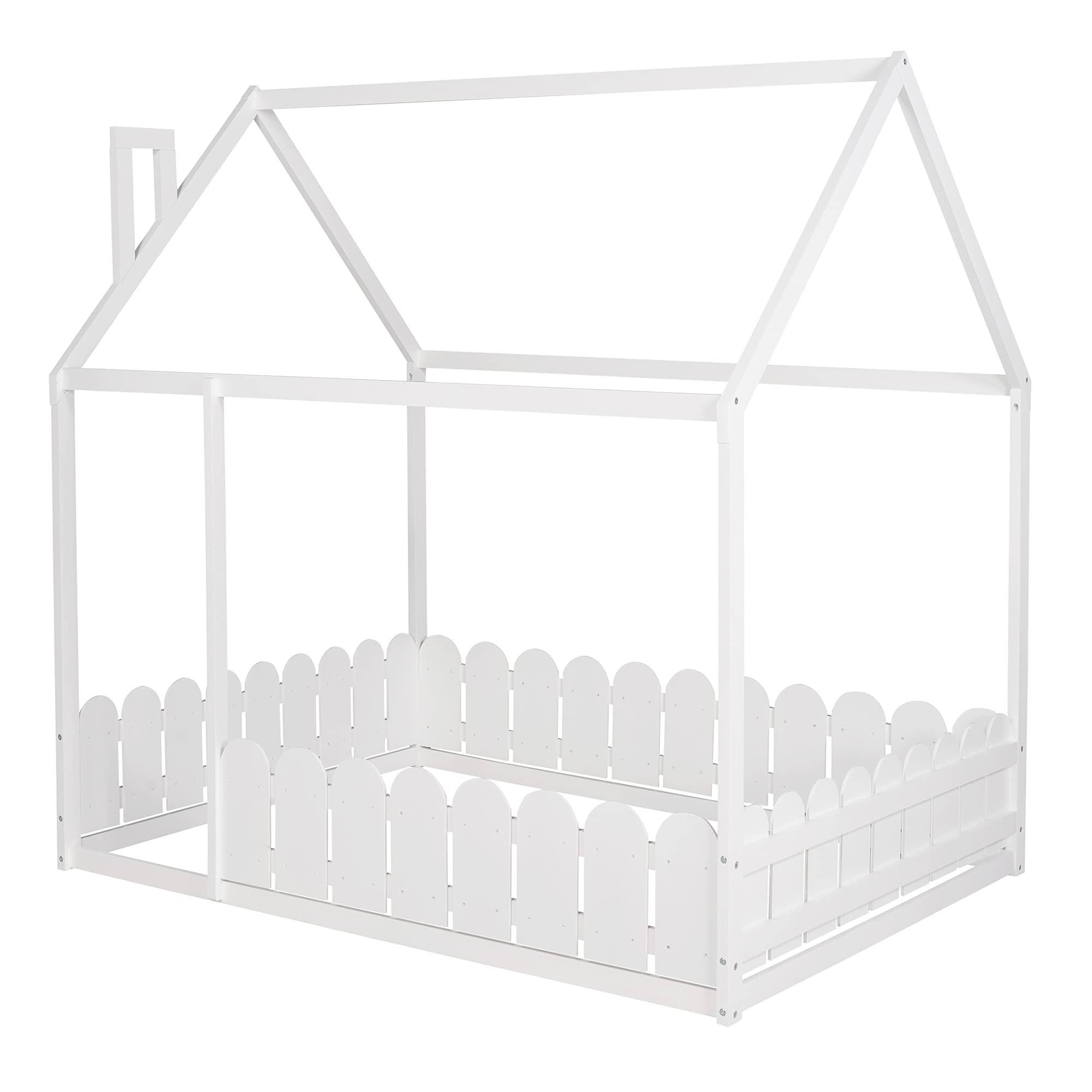 **Danxee Full Size Wooden House Bed Frame with Roof & Fence Railings - Sturdy Kids Bed for Playroom or Bedroom (White, Full Size) - Perfect for Imaginative Play & Cozy Sleep**