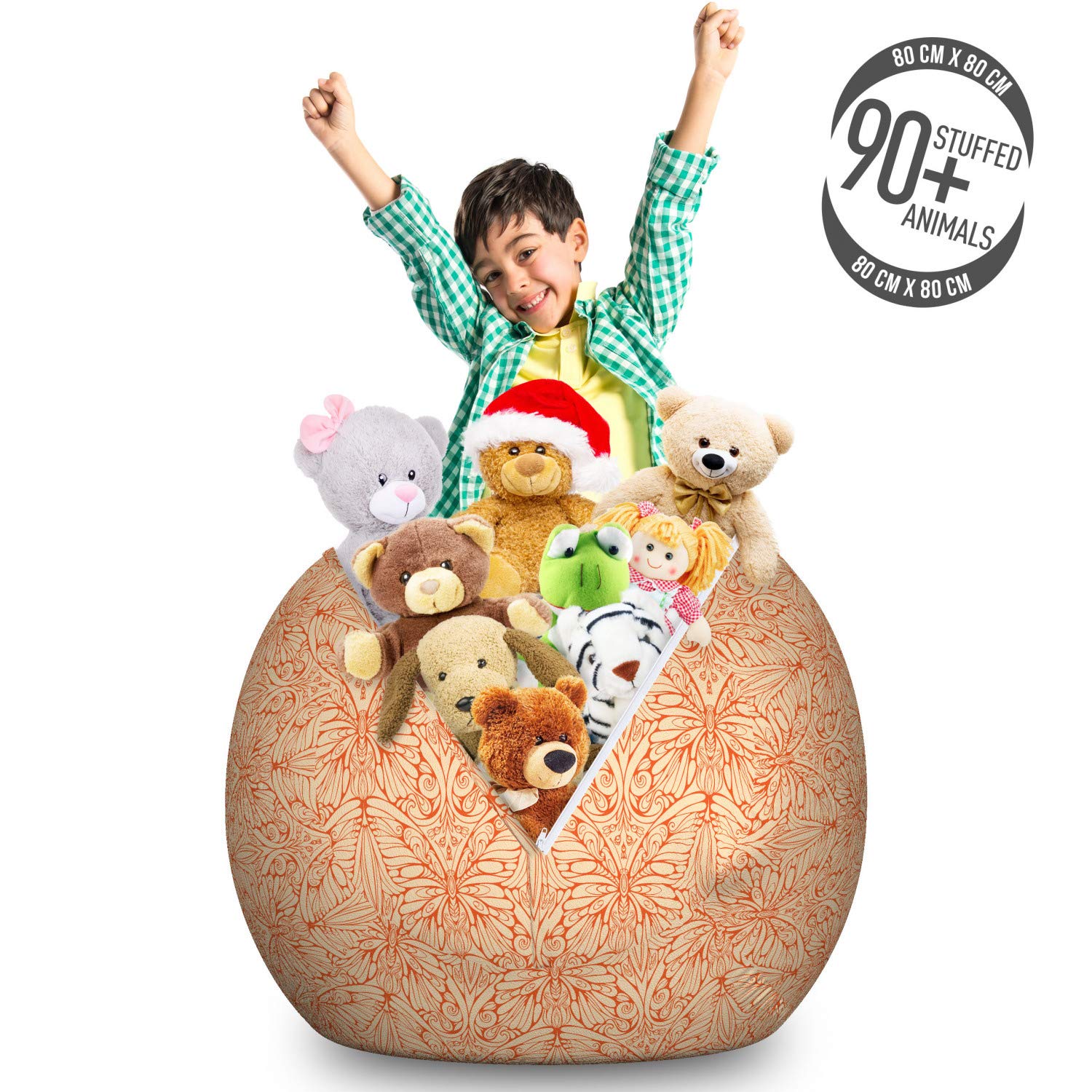 Ambesonne Butterfly Pattern Storage Toy Bag Chair - Large Washable Stuffed Animal Organizer in Pale Peach & Vermilion - Perfect for Kids' Room, Playroom & Nursery Organization