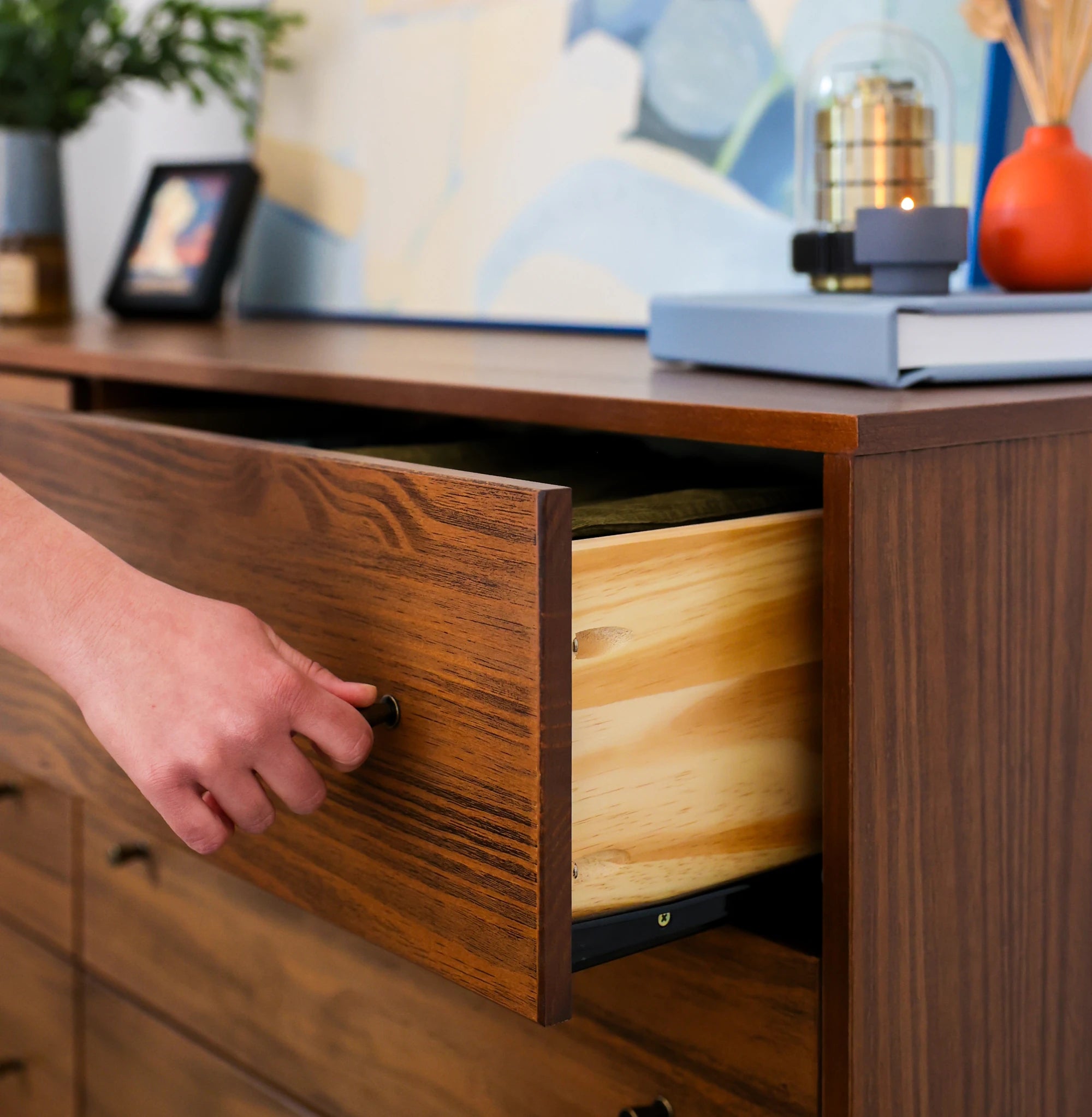 Vintage Mid Century Modern 6-Drawer Wooden Dresser - Solid Oak Storage Cabinet for Bedroom, Living Room & Office Organization
