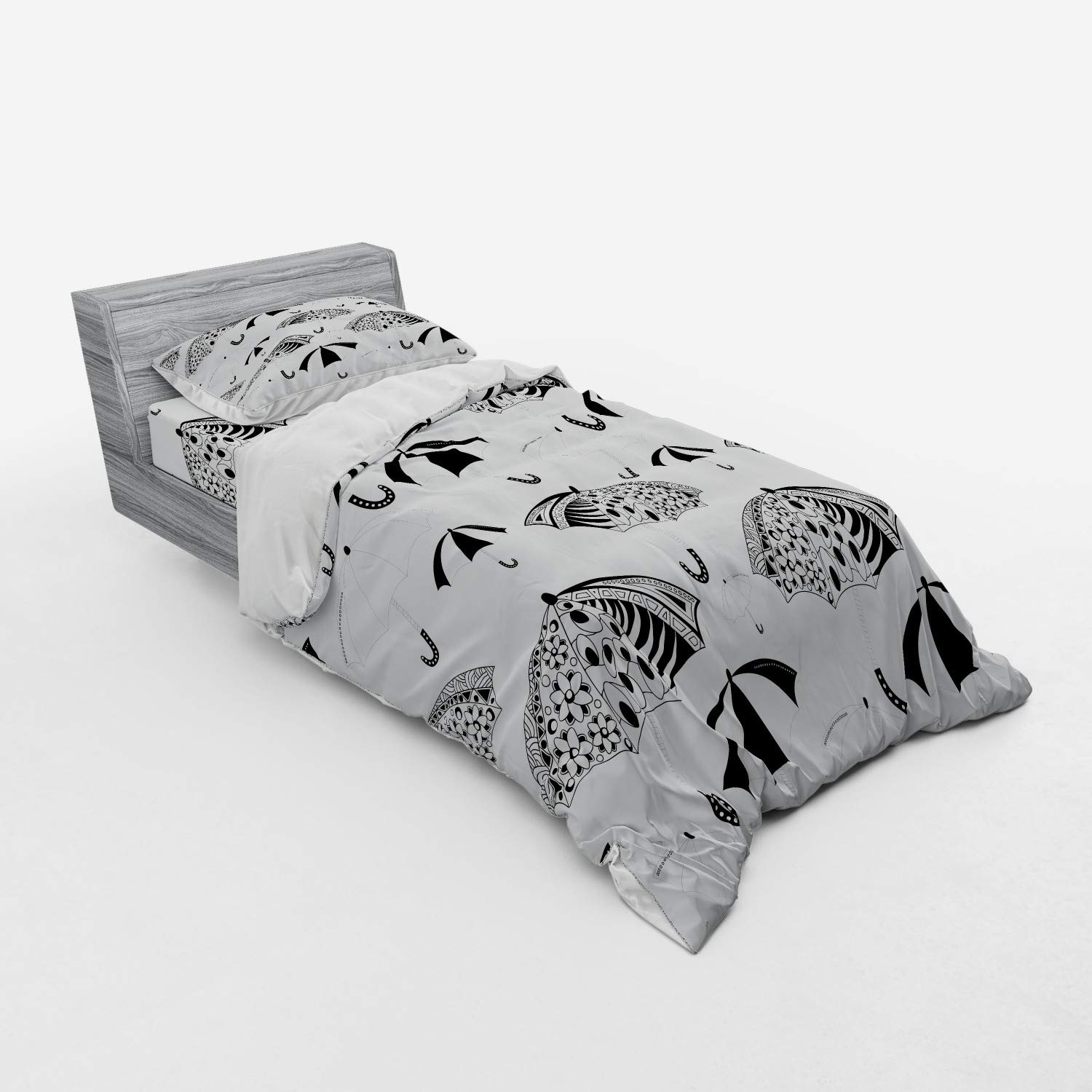 Ambesonne Black and White 3-Piece Bedding Set - Twin XL Duvet Cover with Sham & Fitted Sheet | Ornate Umbrella Minimalist Stripes Floral Design | Perfect for Modern Bedrooms, Guest Rooms & Dorm Decor