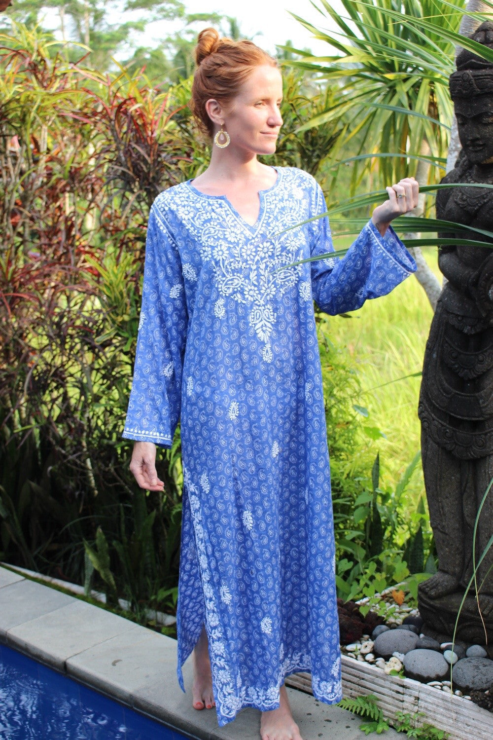 Maxi Kurta V-Neck Blue Hand Embroidered Cotton Tunic - Perfect for Festivals, Weddings & Boho Fashion