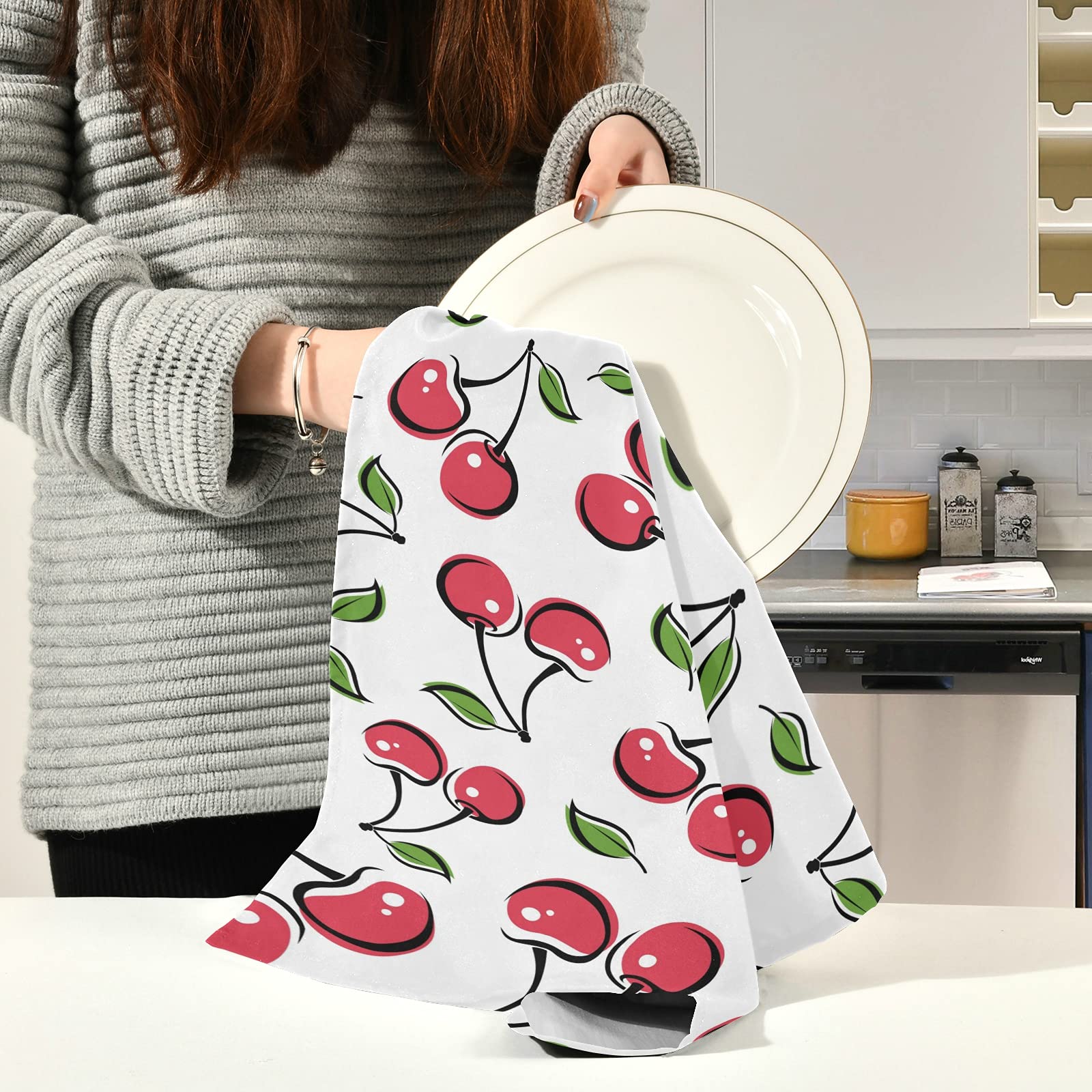 Naanle 4-Pack Cartoon Cherry Berries Kitchen Towels - Reusable, Absorbent & Fast-Drying Dish Cloths (28x18 in) for Home, Bar, Restaurant & Daily Cleaning - Perfect for Dishes, Hands & Countertops