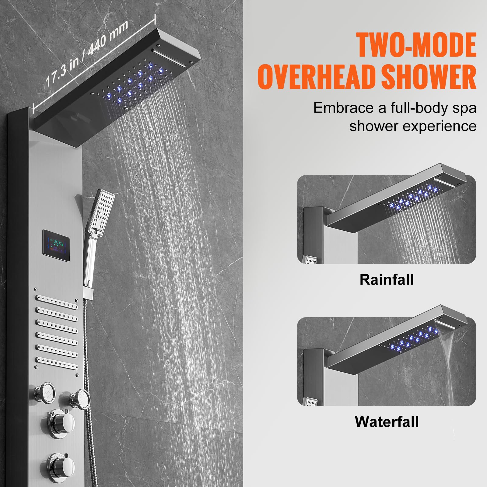 VEVOR Stainless Steel Shower Panel Tower System - 6 Shower Modes (Rainfall, Waterfall, Massage) with LED Screen, Hydroelectric Power, 5 Jets & Handheld Shower - Wall Mounted Bathroom Upgrade for Spa-Like Experience at Home