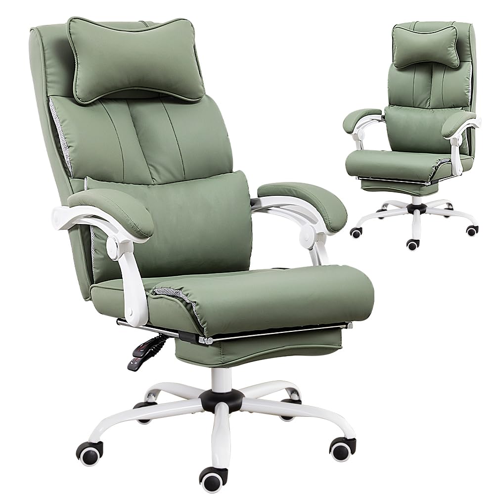 Ergonomic Reclining Office Chair with Adjustable Leg Rest & High Back Support - PU Leather Desk Chair for Big & Tall Users up to 400lbs - Multi-Angle Locking Mechanism (Green) - Perfect for Home Office, Gaming & Workspace Comfort