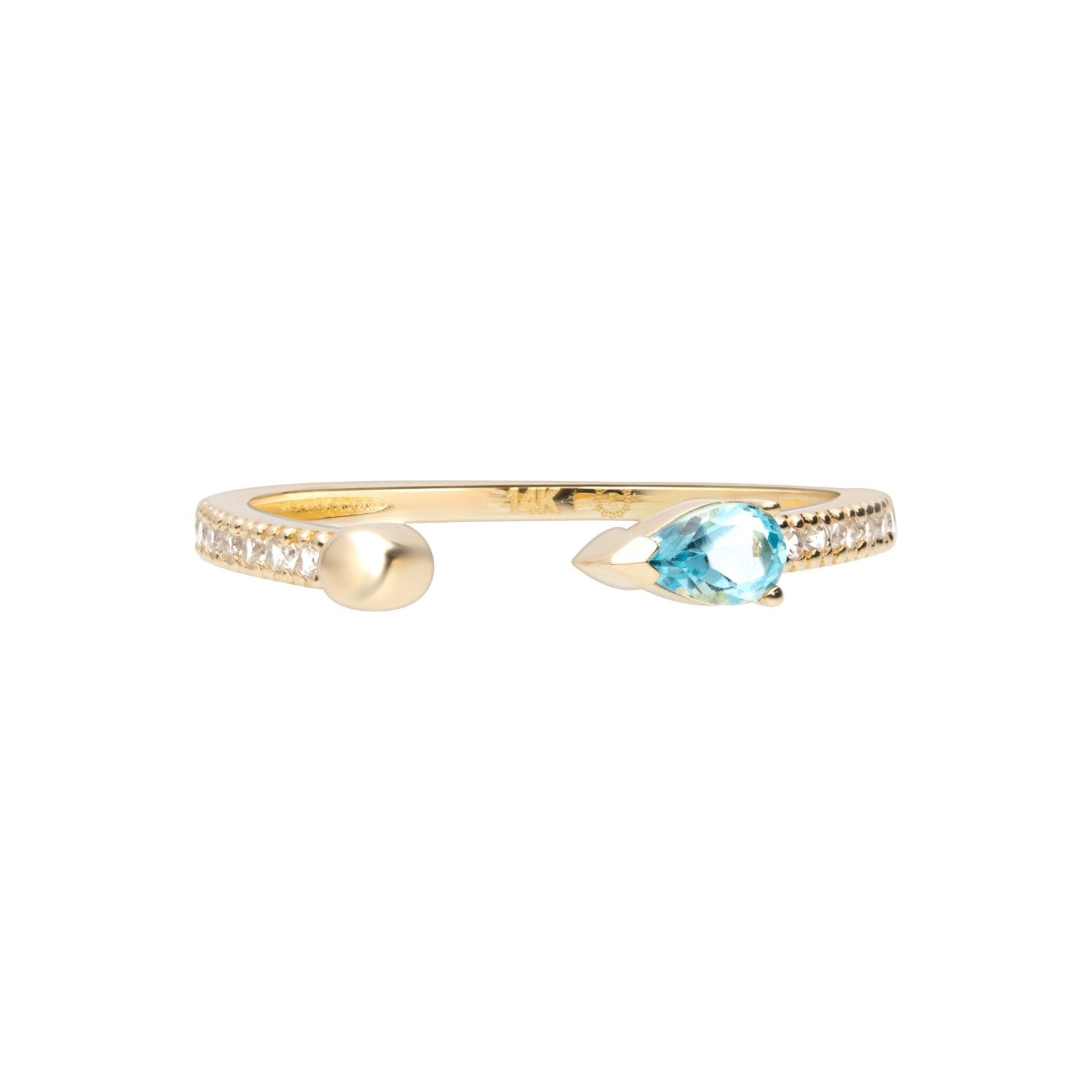 14k Yellow Gold Blue Topaz Pear Open Cuff Ring - Elegant Statement Jewelry for Women, Perfect for Weddings, Parties & Special Occasions