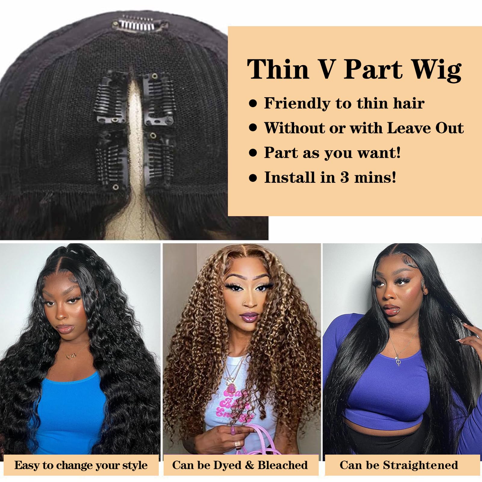 V Part Human Hair Wig - Water Wave Thin Part Glueless Clip In Half Wigs 180% Density Curly V Shape Clip in Half Wig for Beginners | Brazilian Virgin Human Hair Wigs (18 Inch) | Perfect for Daily Wear, Cosplay, Parties & Special Occasions