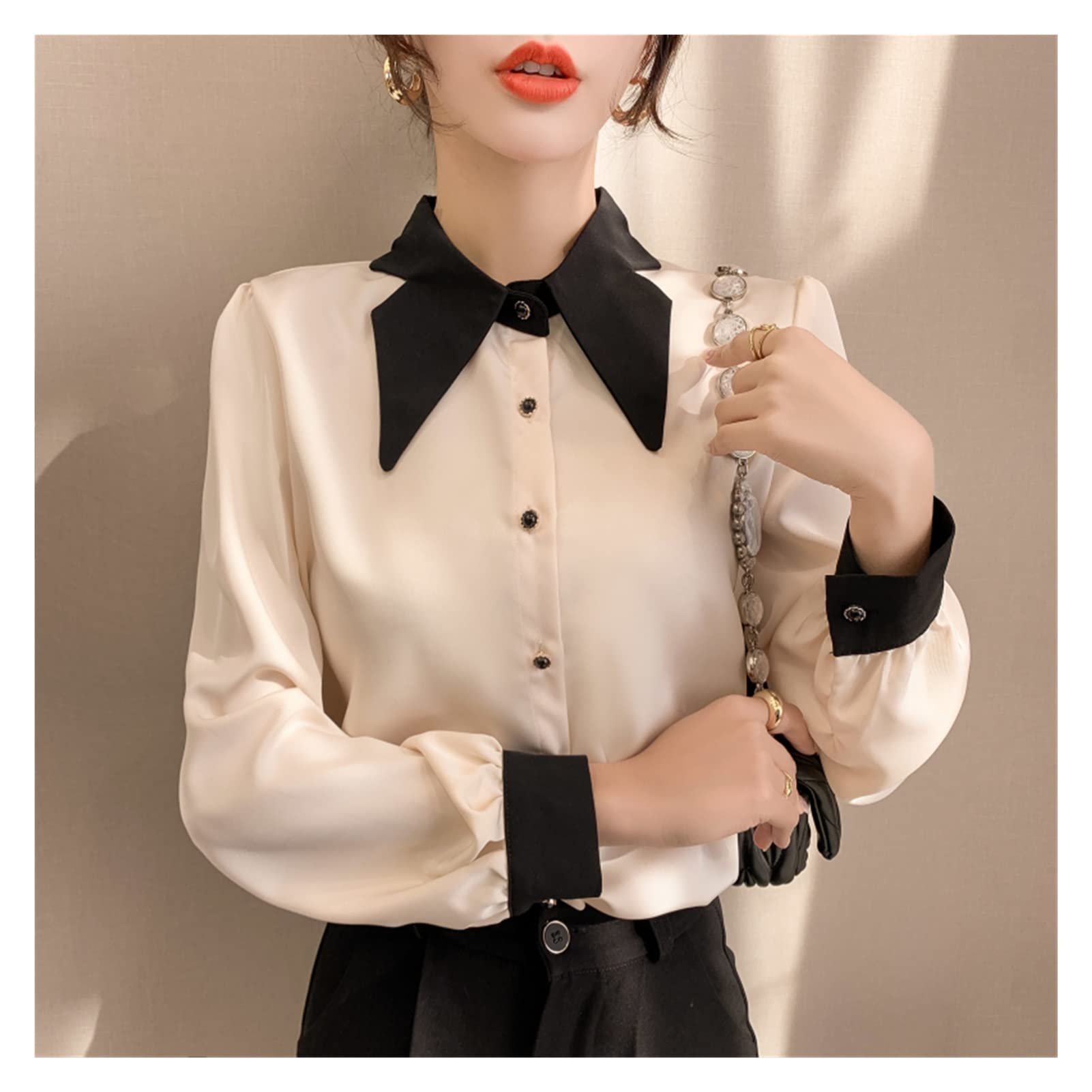 WALNUTA Women's Beige Chiffon Blouse with Turn Down Collar - Long Sleeve Elegant Top for Office, Date Night & Special Occasions